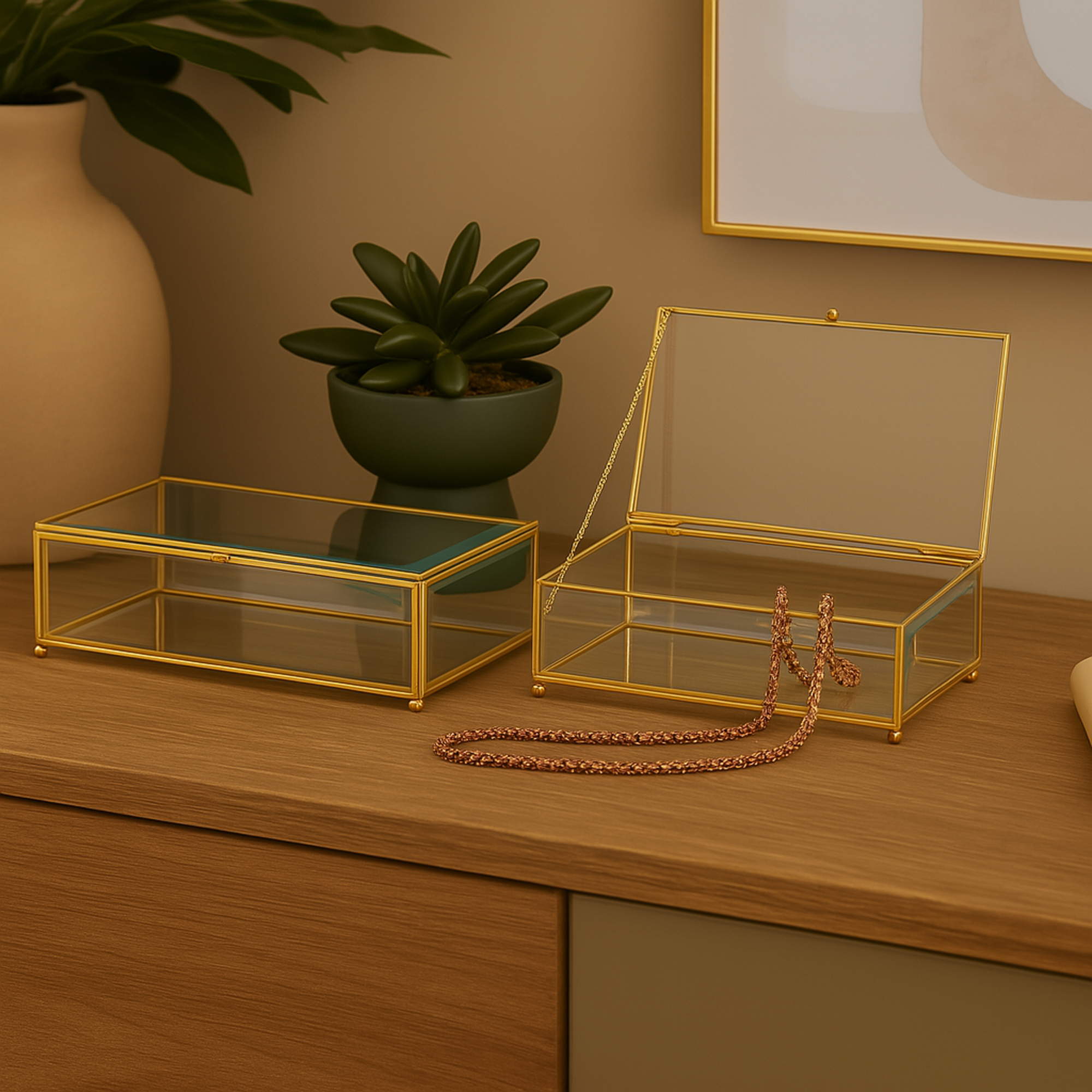 Set of 2 Clear Glass Beveled Decorative Jewelry Box with Gold Metal Frame and Chain Accent