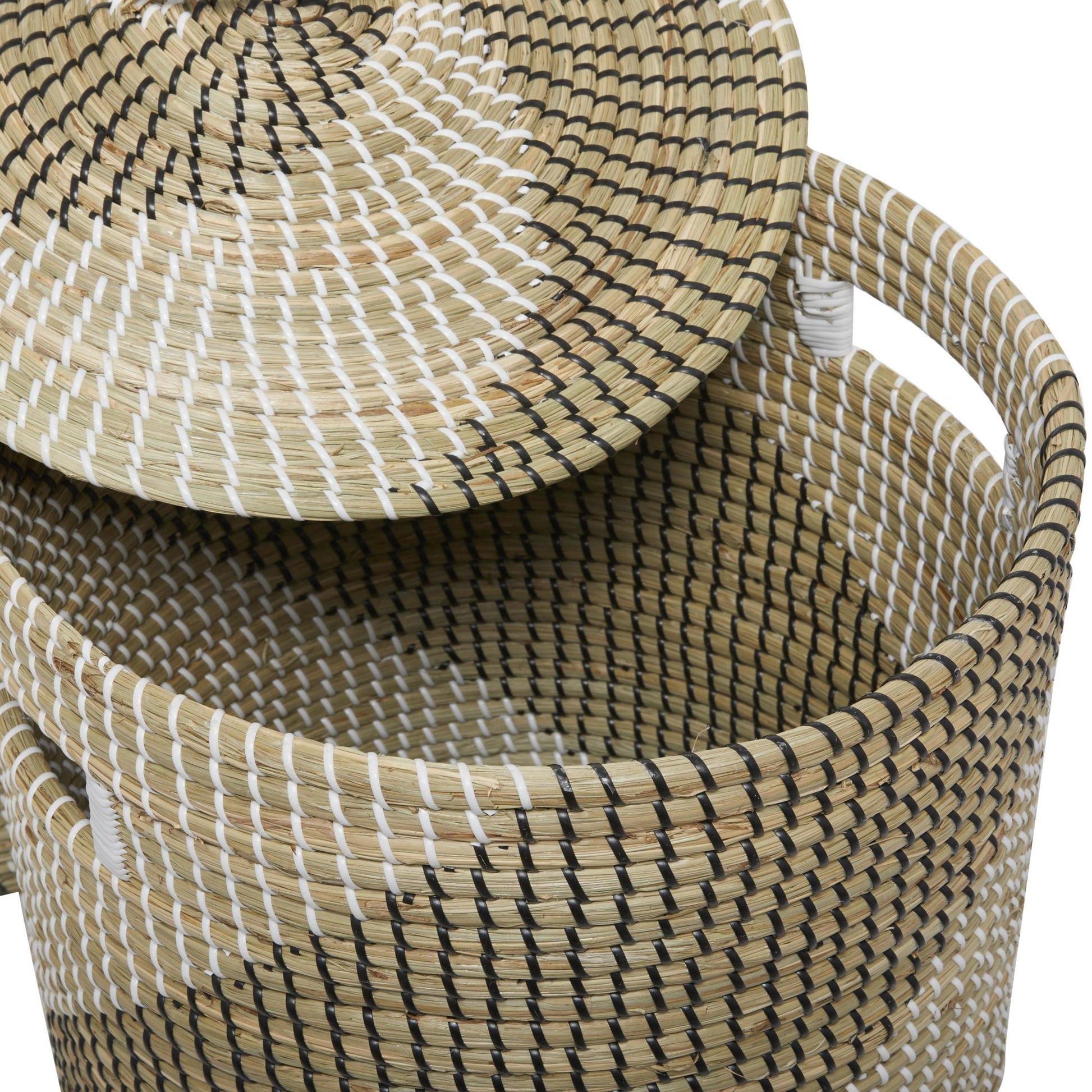 Set of 2 Brown Seagrass Handmade Two Toned Decorative and Functional Storage Basket with Matching Lids