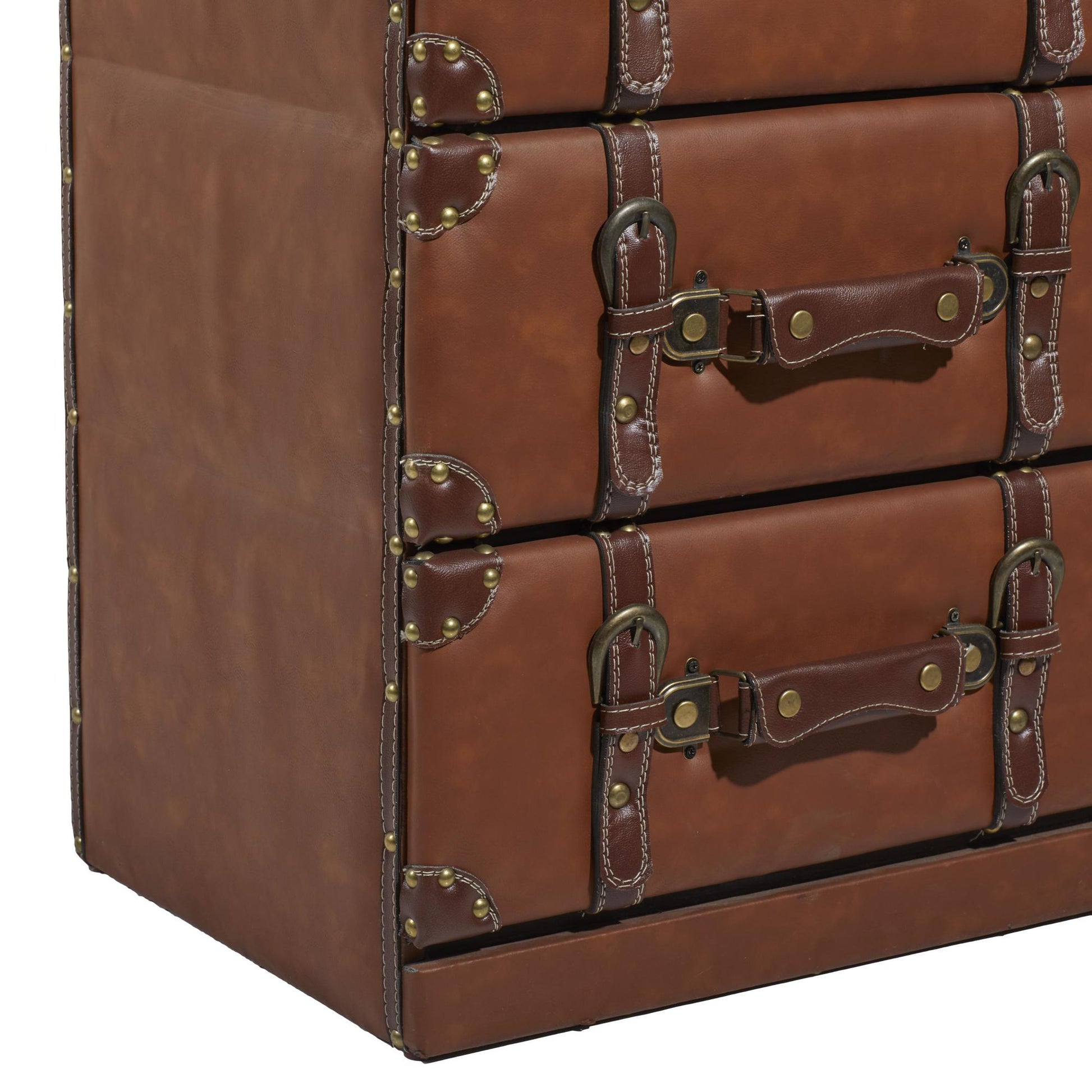Brown Wooden Faux Leather 6 Drawer Room Chest with Buckle and Strap Detailing