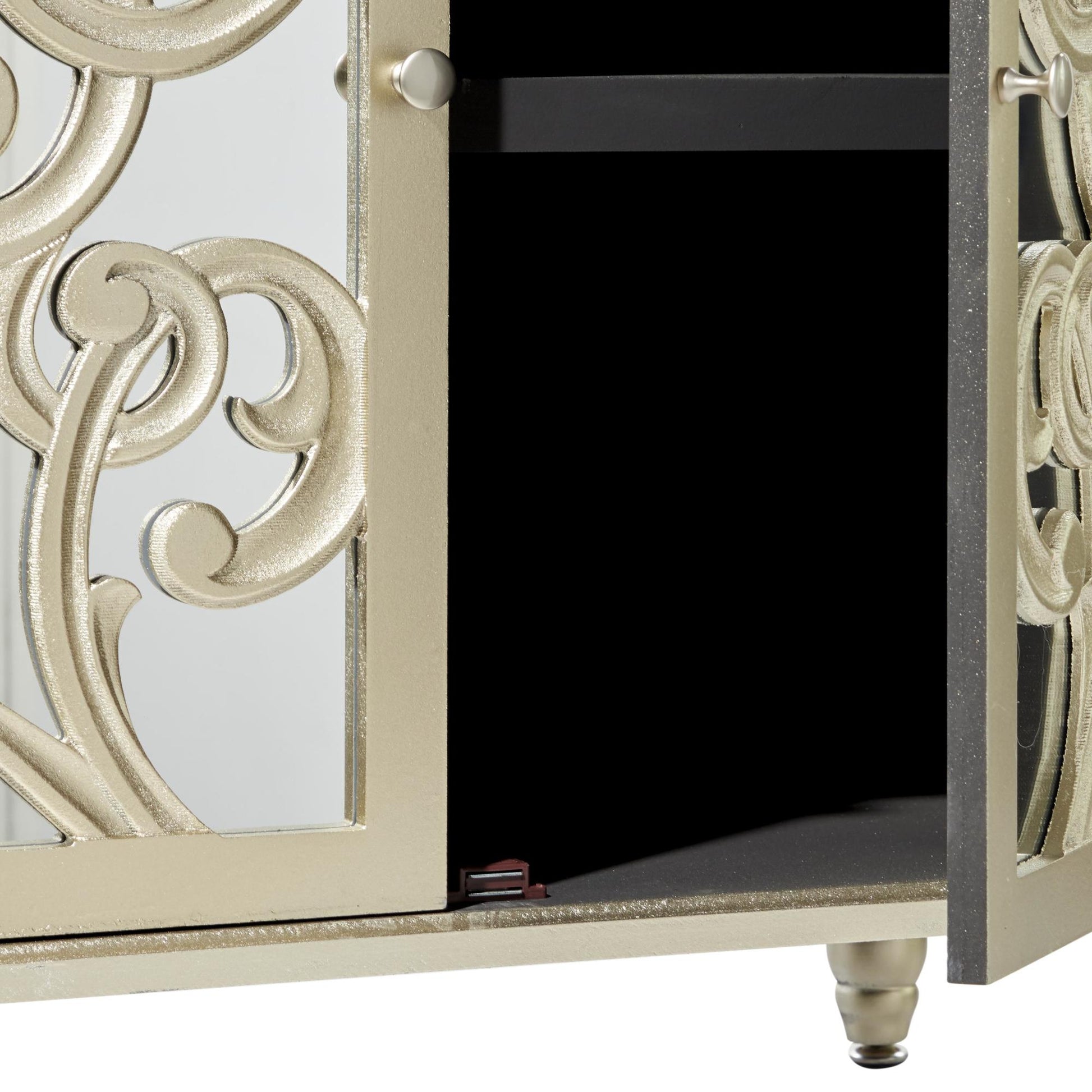 Scroll Champagne Wood Intricately Carved 2 Door Room Cabinet with Mirrored Front