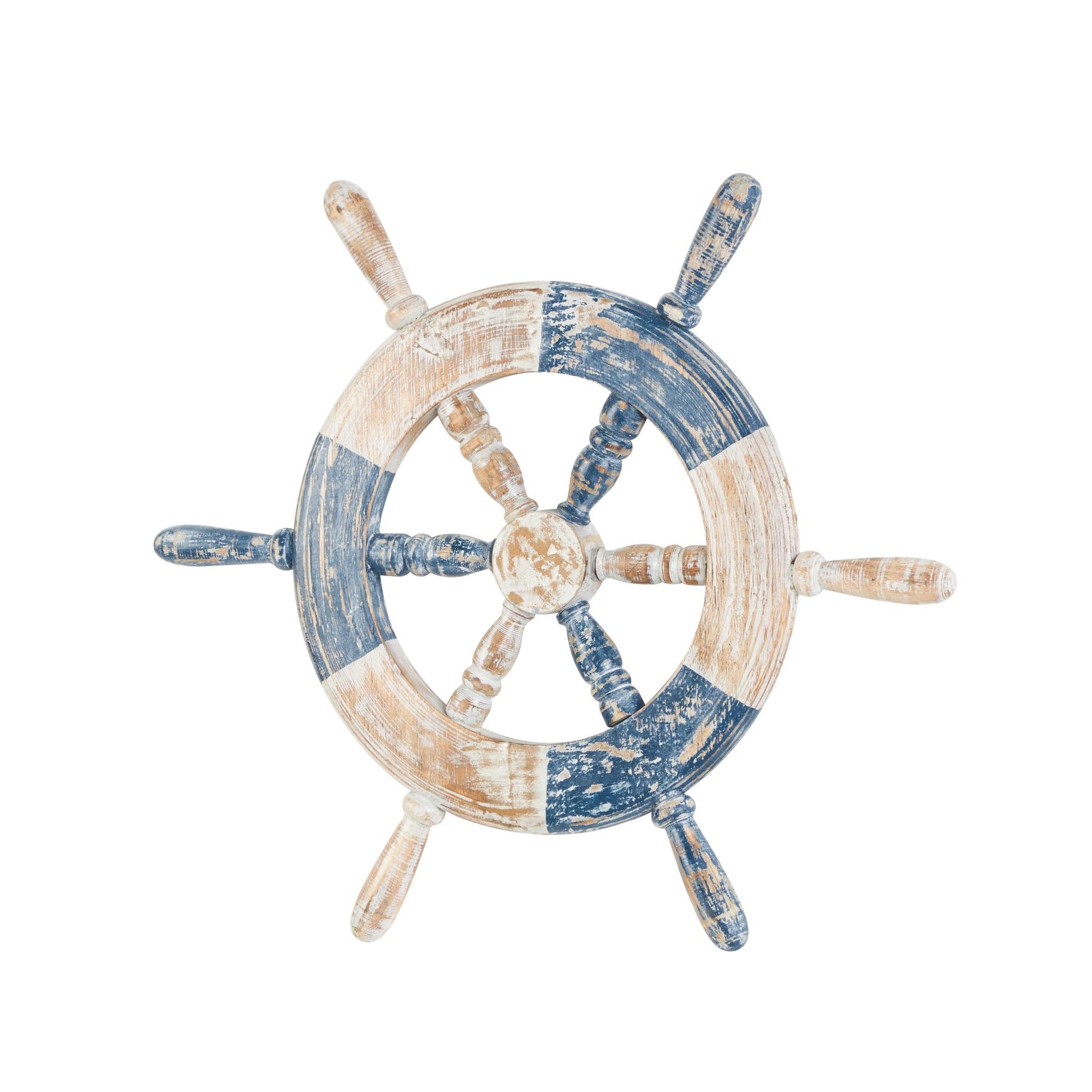 Ship Wheel Blue Wood Distressed Two-Toned Home Wall Decor with Brown Accents