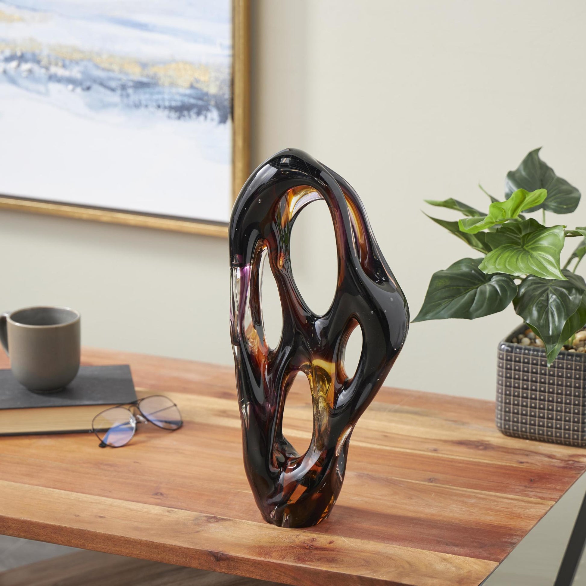 Abstract Black Glass Ombre Cutout Decorative Sculpture with Amber Accents
