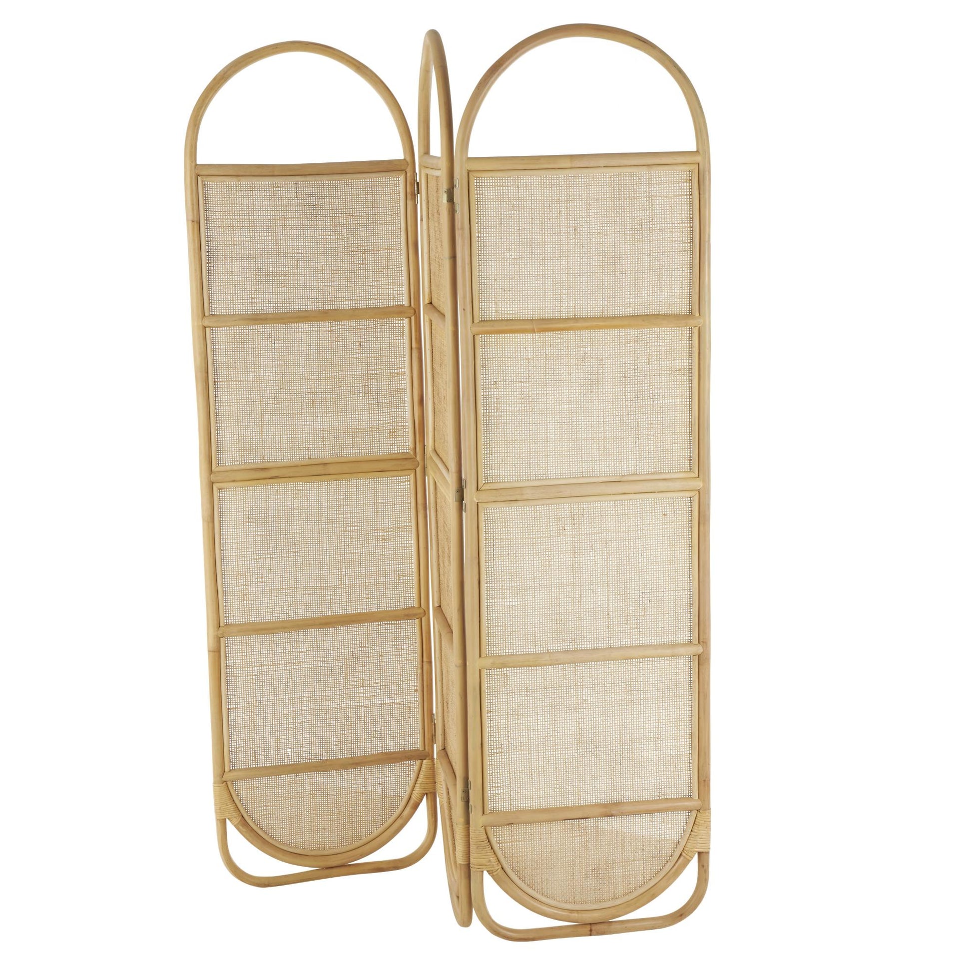 Geometric Light Brown Rattan Woven Arched Oval 3 Panel Partition Room Divider Screen