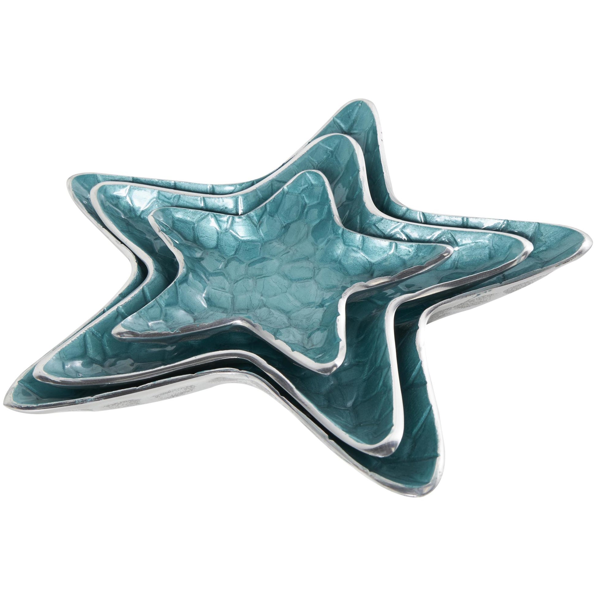 Set of 3 Starfish Aluminum Metal Handmade Textured Enameled Large Decorative Bowl with Silver Base