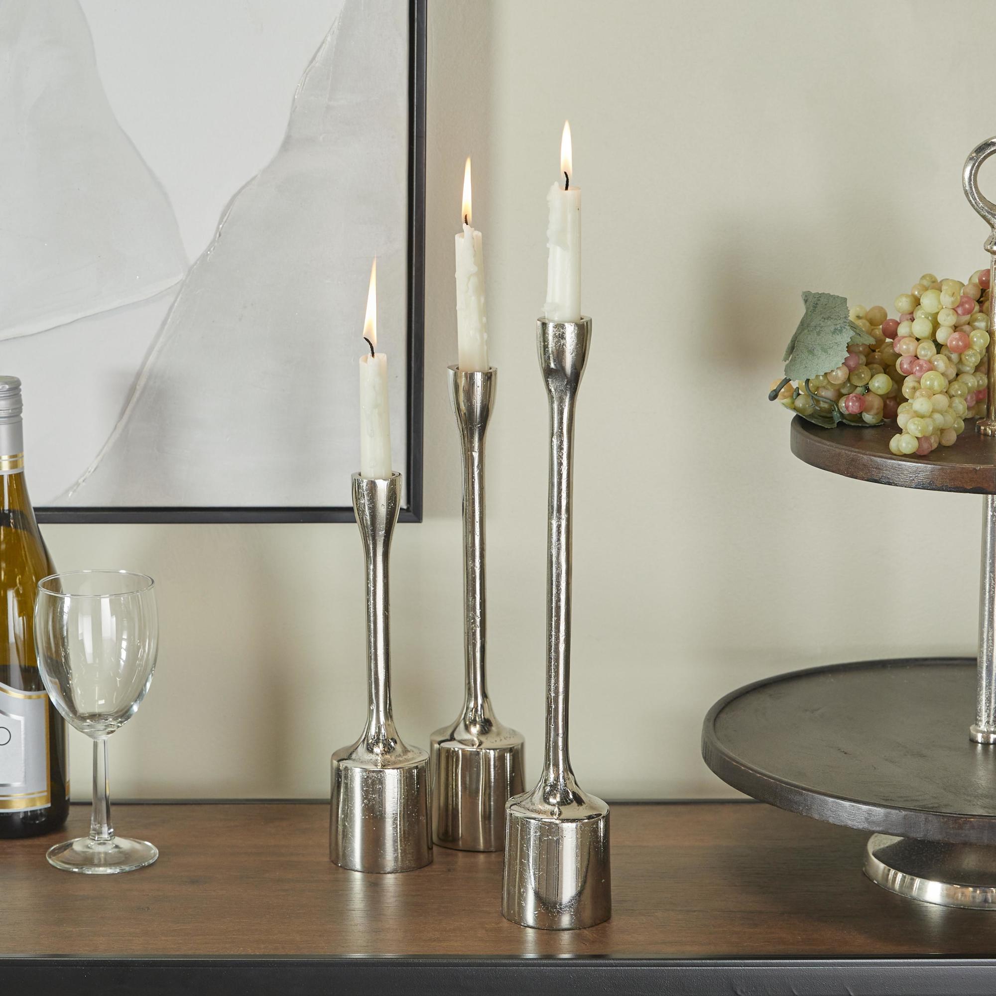 CosmoLiving by Cosmopolitan Set of 3 Aluminum Metal Slim Decorative Candle Holder with Block Bases