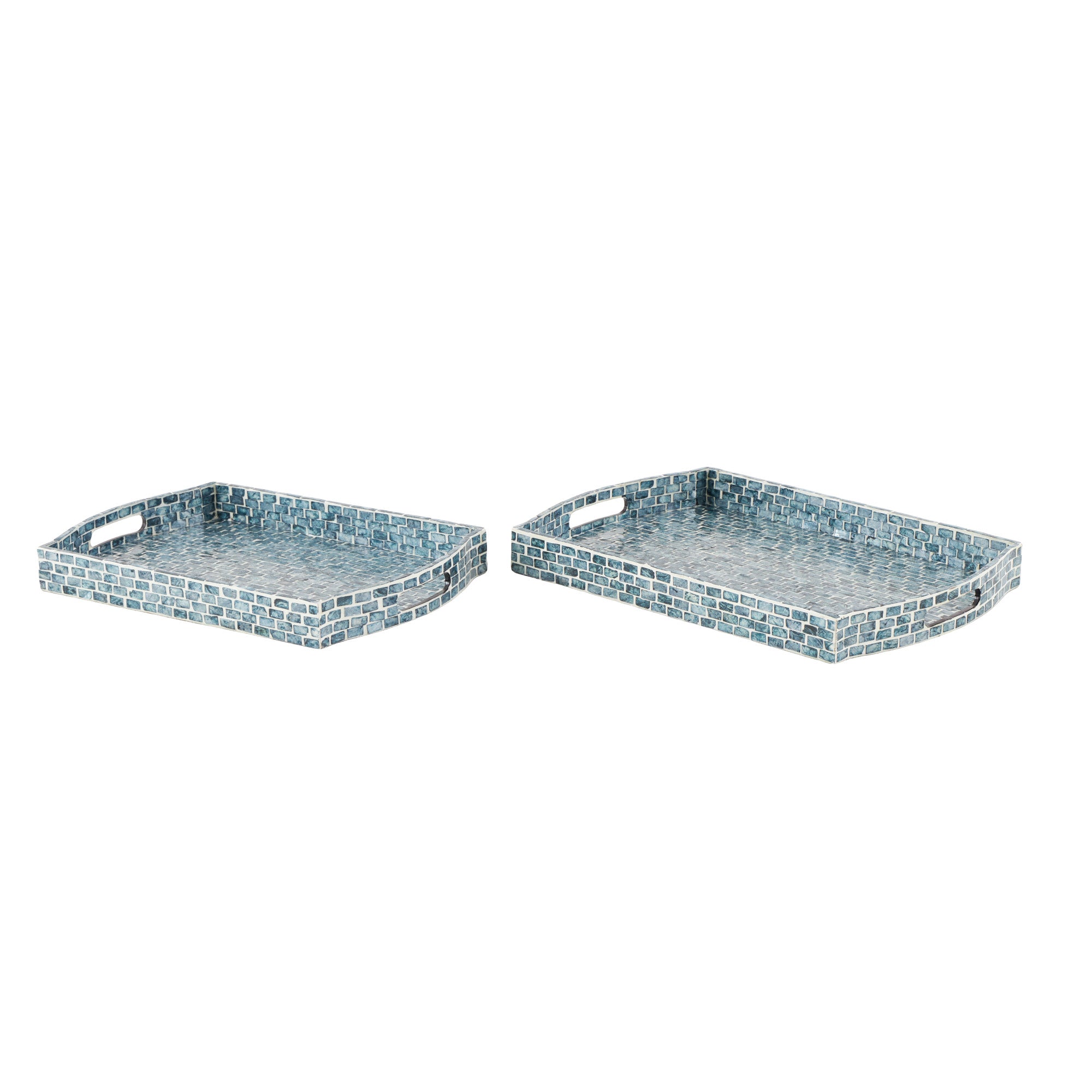 Set of 2 Blue Wood Living Room Decor Tray with Slot Handles