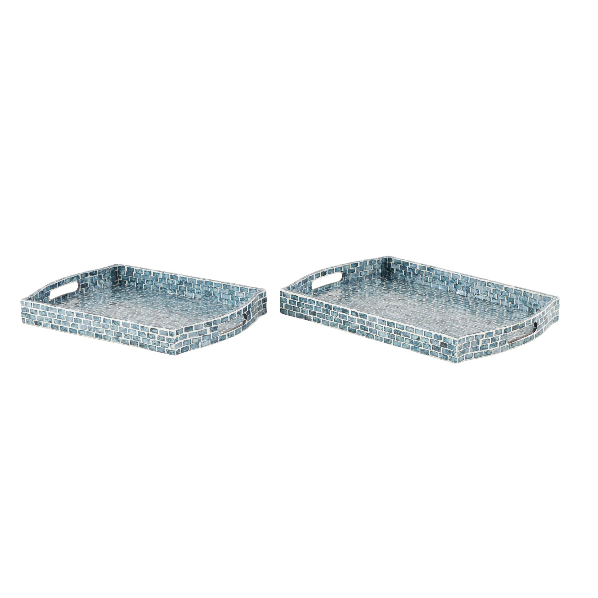 Set of 2 Blue Wood Living Room Decor Tray with Slot Handles
