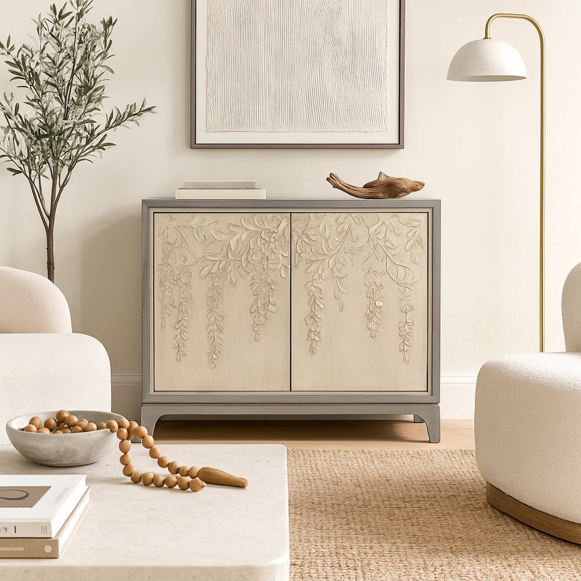 Floral Gray Wooden Relief 2 Door Room Cabinet with Cream Front Doors and Cascading Leaf Design