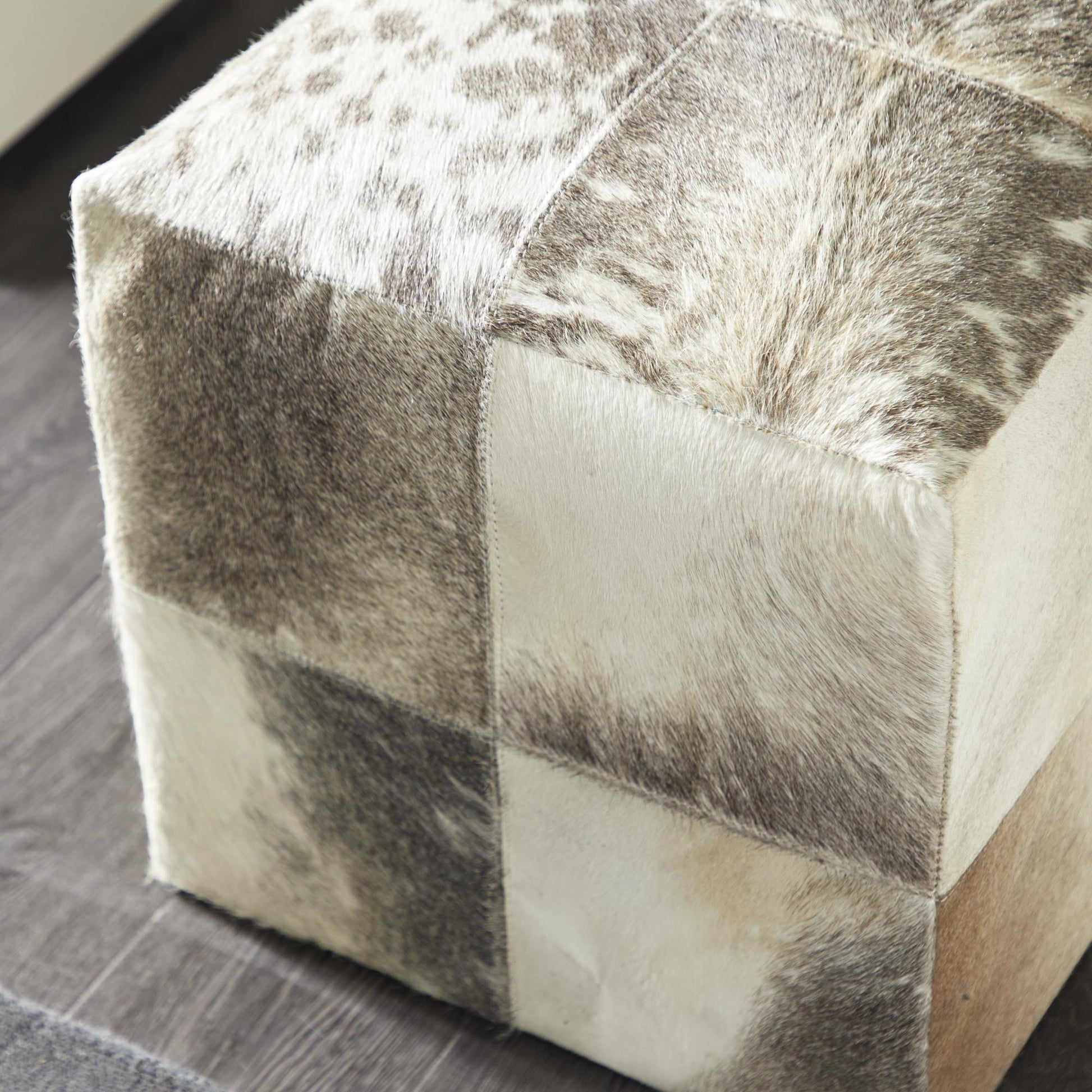 Leather Handmade Cowhide Living Room Stool with Patchwork Pattern