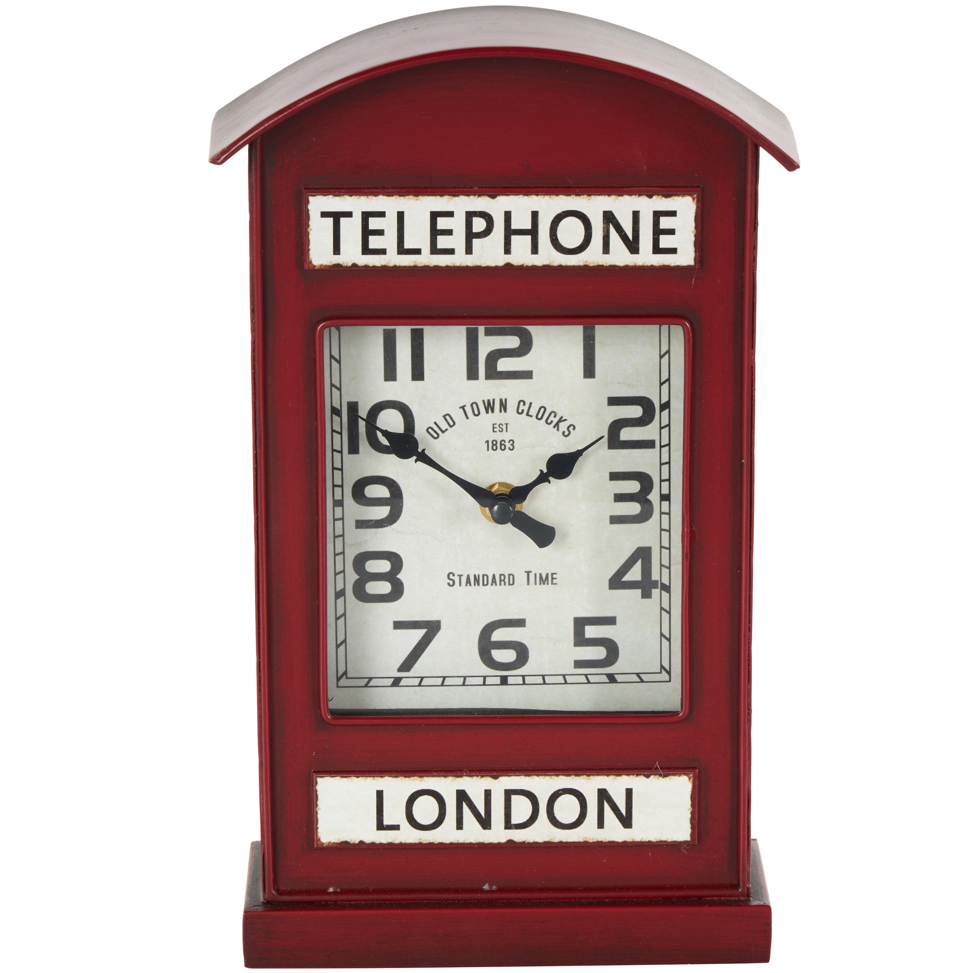 Text Red Metal London Telephone Booth Inspired Decorative Clock