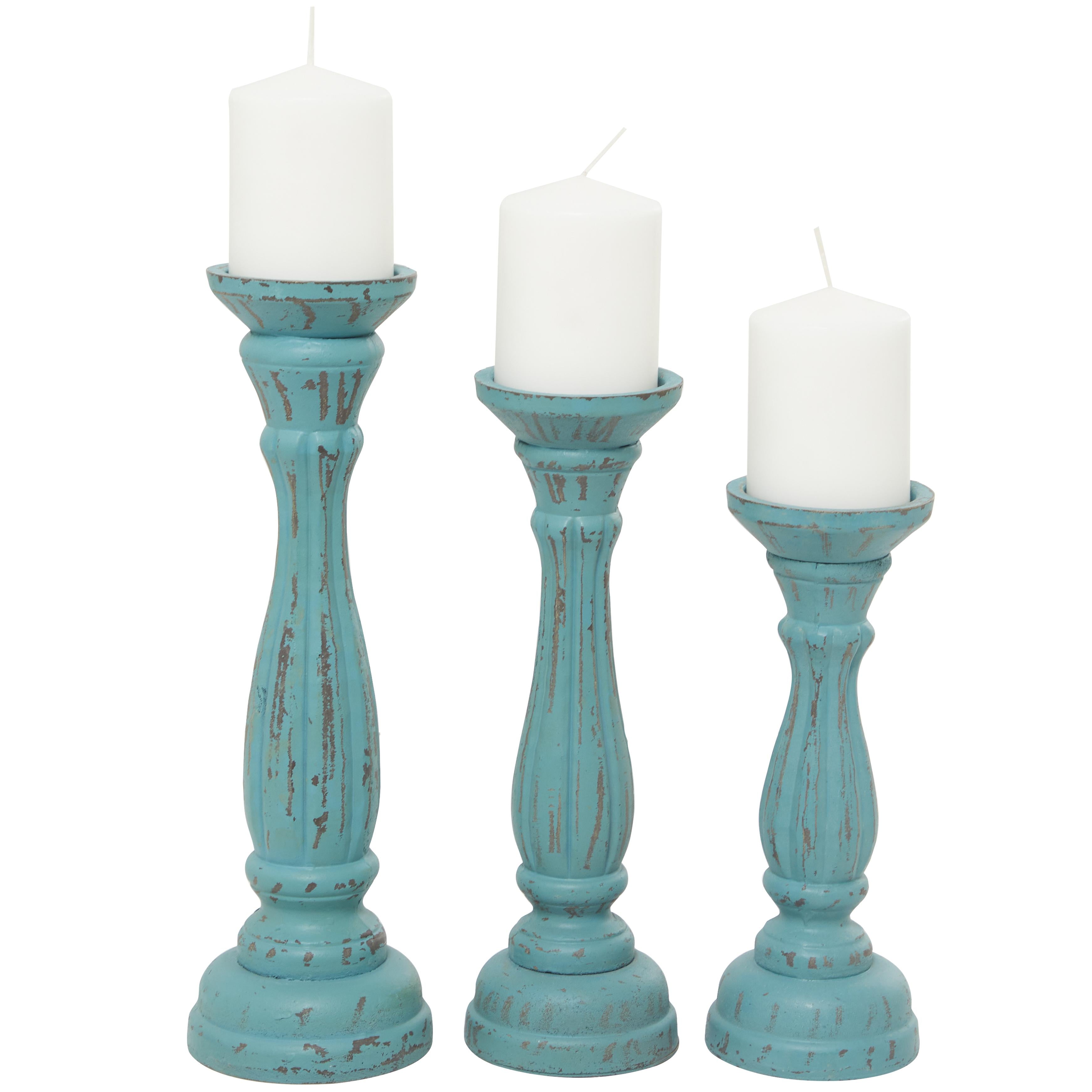 Set of 3 Wooden Distressed Turned Pillar Decorative Candle Holder