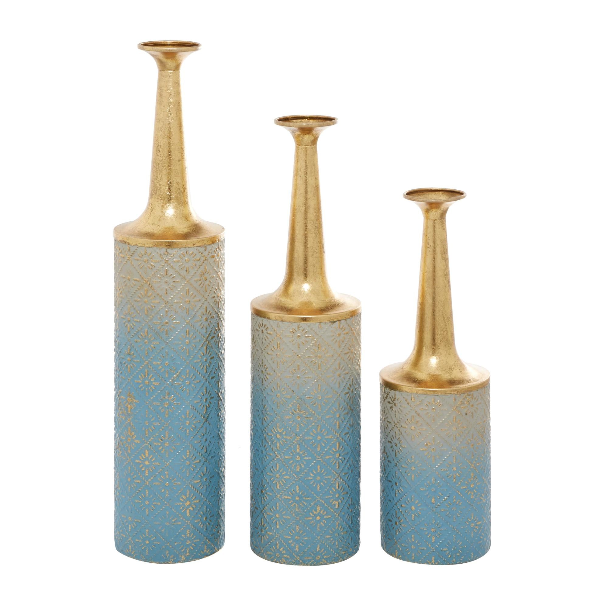 Set of 3 Floral Blue Metal Decorative Vase with Gold Top