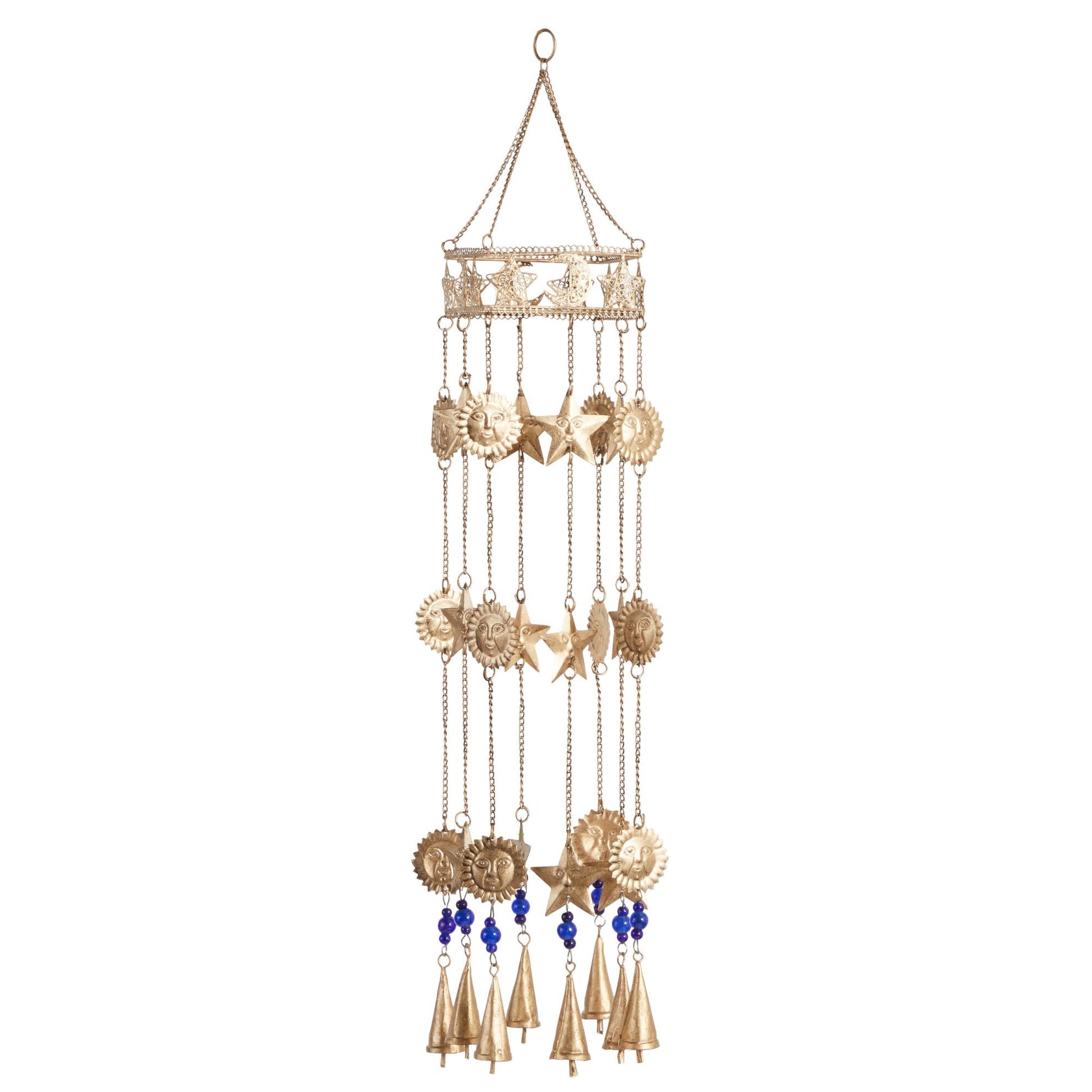 Sun and Star Gold Metal Handmade Indoor Outdoor Windchime with Glass Beads and Cone Bells