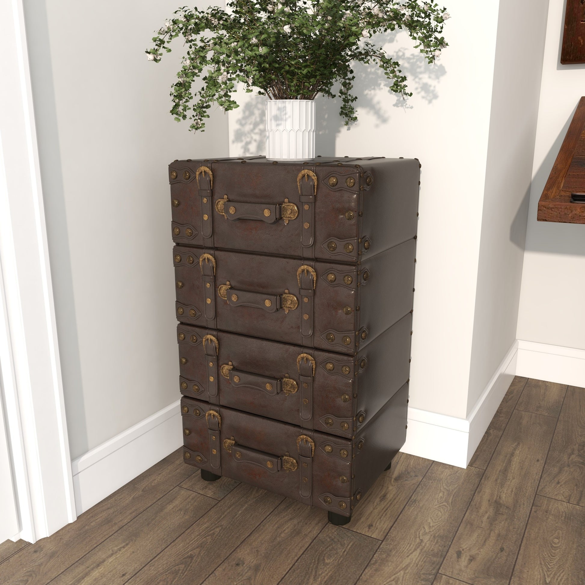 Black Faux Leather Vintage 4 Drawer Room Chest with Buckle Straps and Gold Stud Details