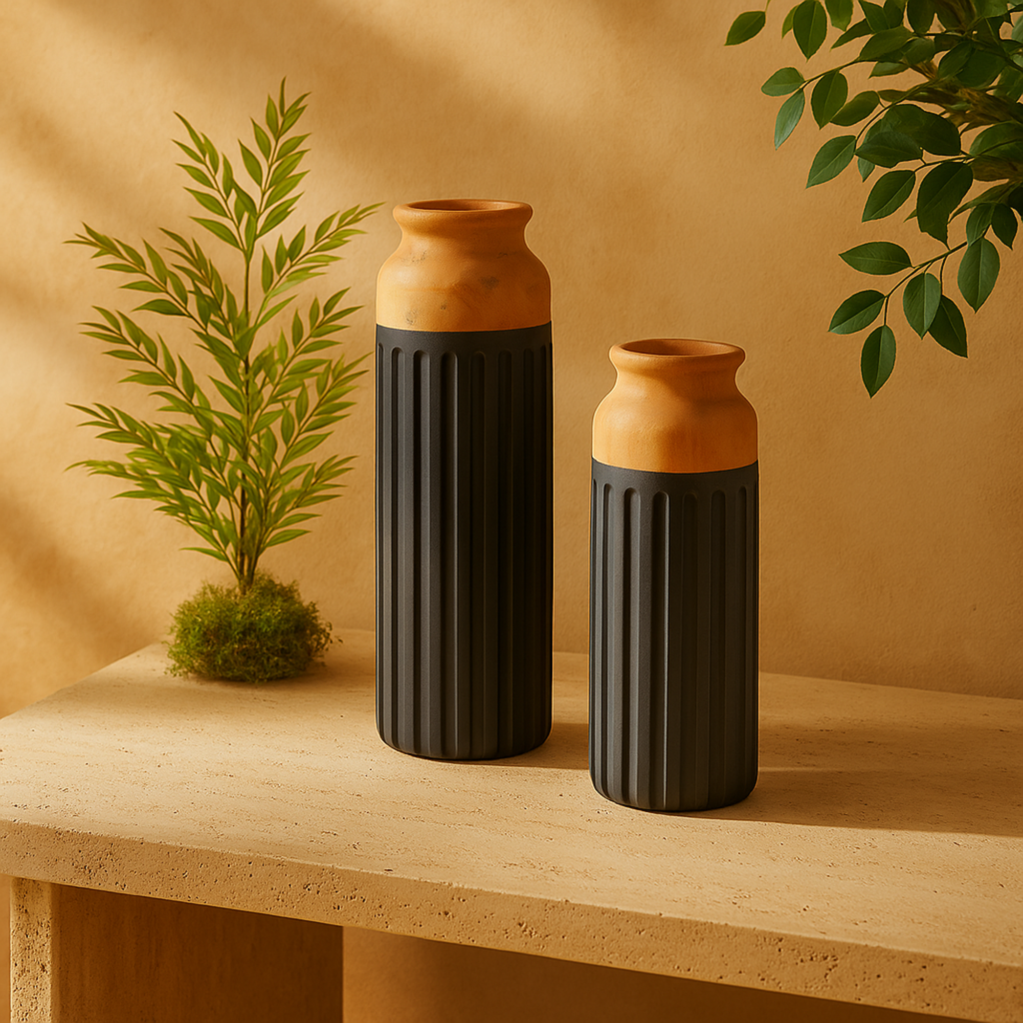 Set of 2 Metal Color Block Decorative Vase with Rounded Linear Grooves and Brown Wood Tops