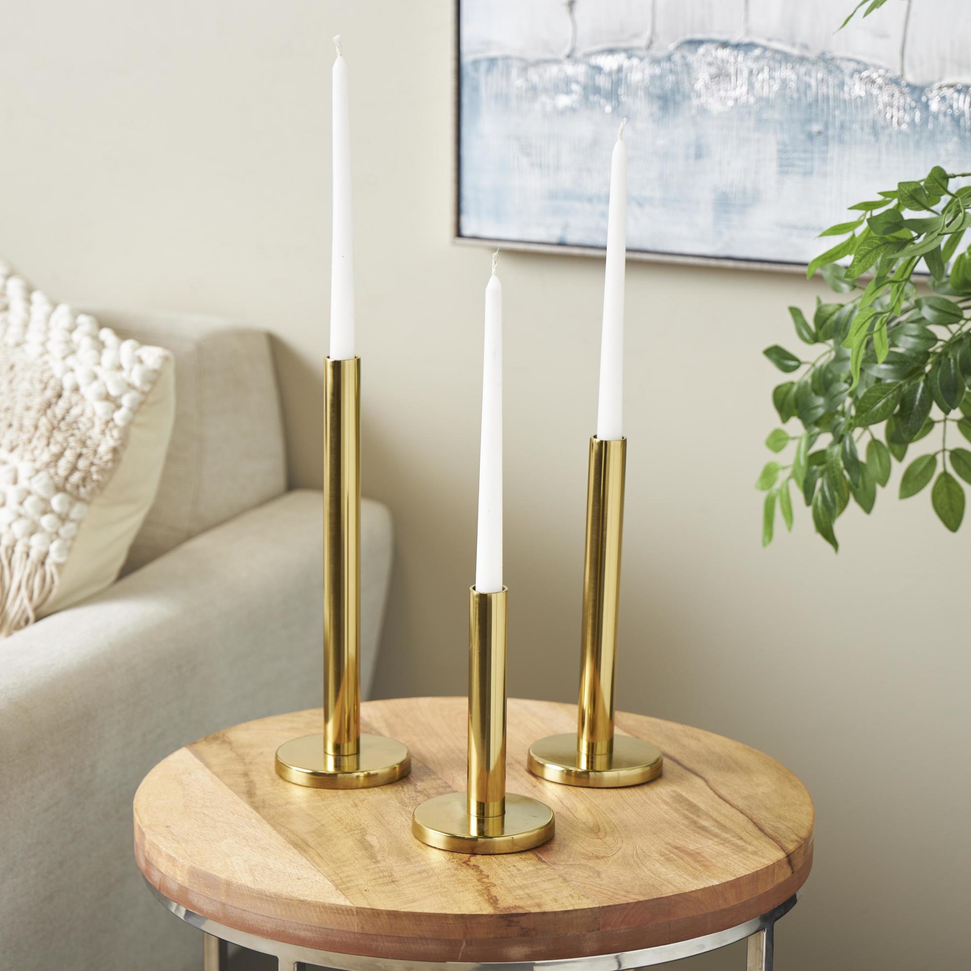 Set of 3 Gold Stainless Steel Metal Slim Decorative Candle Holder with Round Base