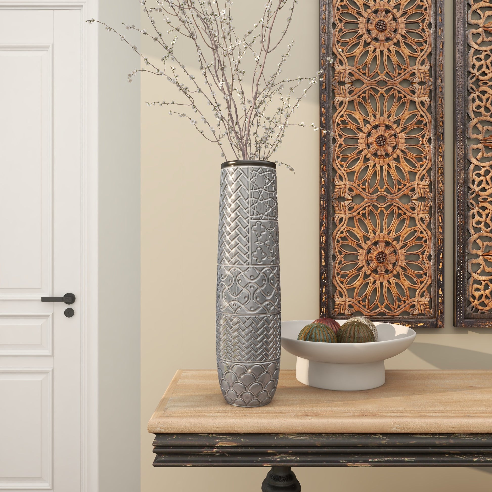 Gray Ceramic Slim Engraved Patterned Decorative Vase with Varying Patterns
