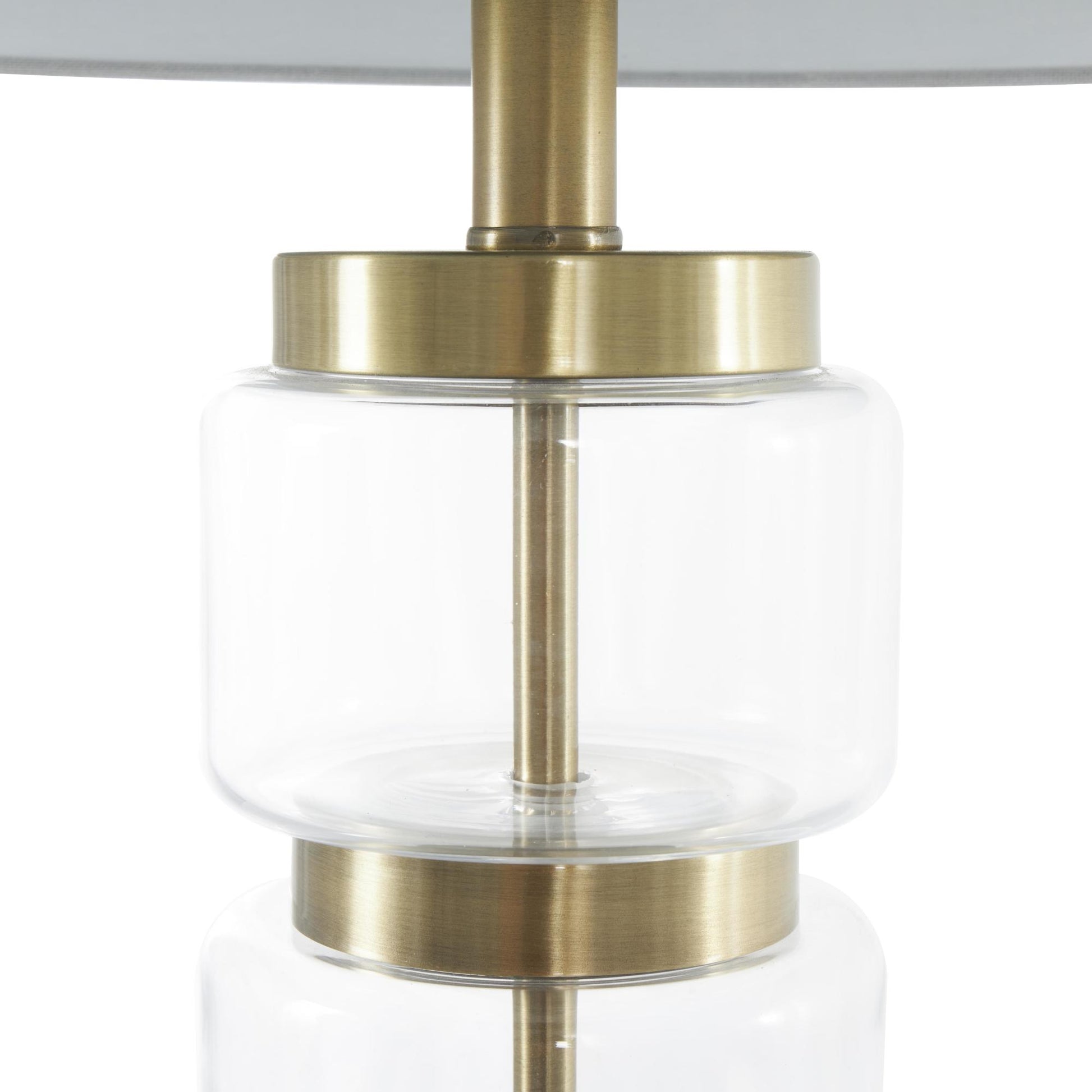 Clear Glass Stacked Jars Room Table Lamp with White Drum Shade and Gold Metal Accents