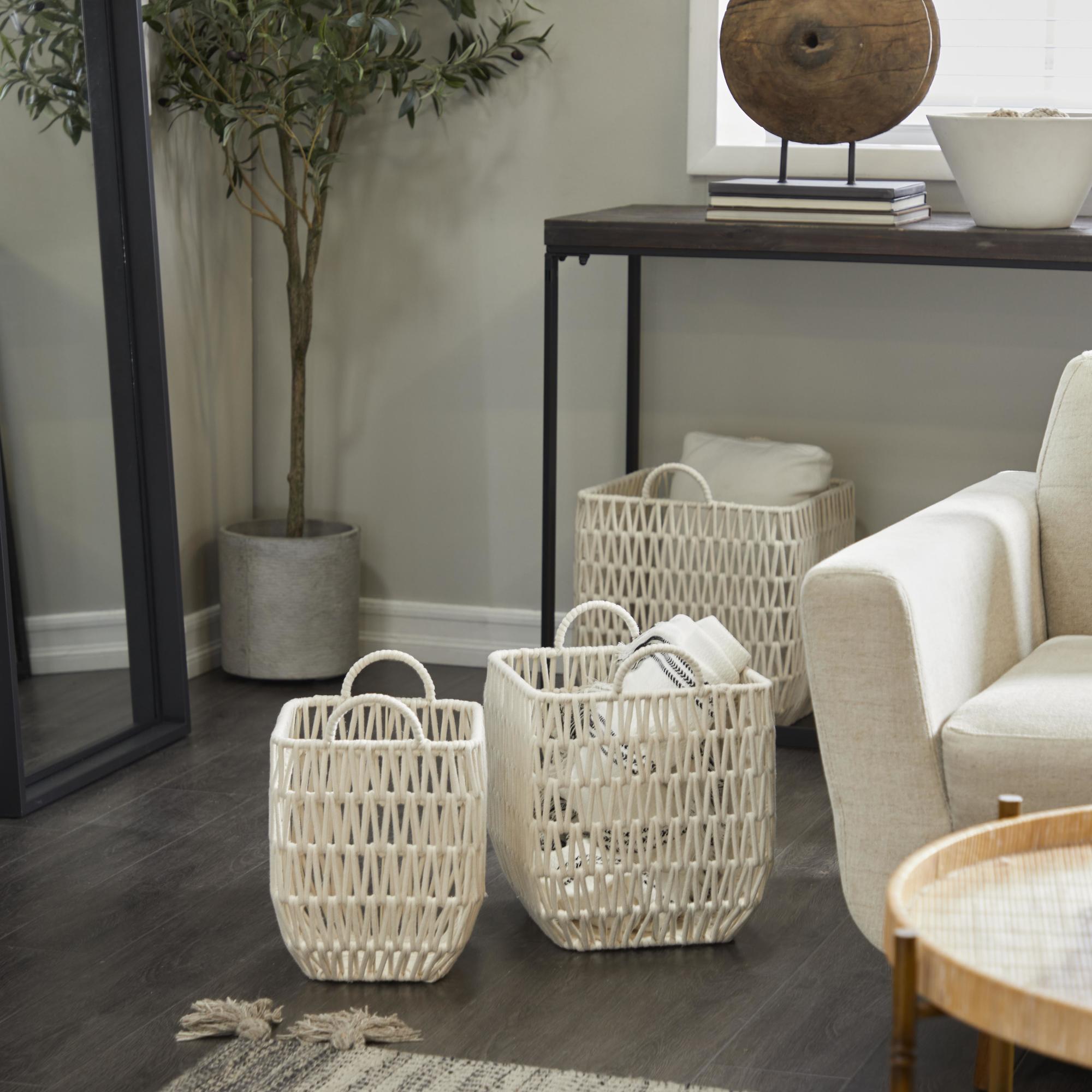 CosmoLiving by Cosmopolitan Set of 3 White Cotton Fabric Handmade Decorative and Functional Storage Basket with Handles
