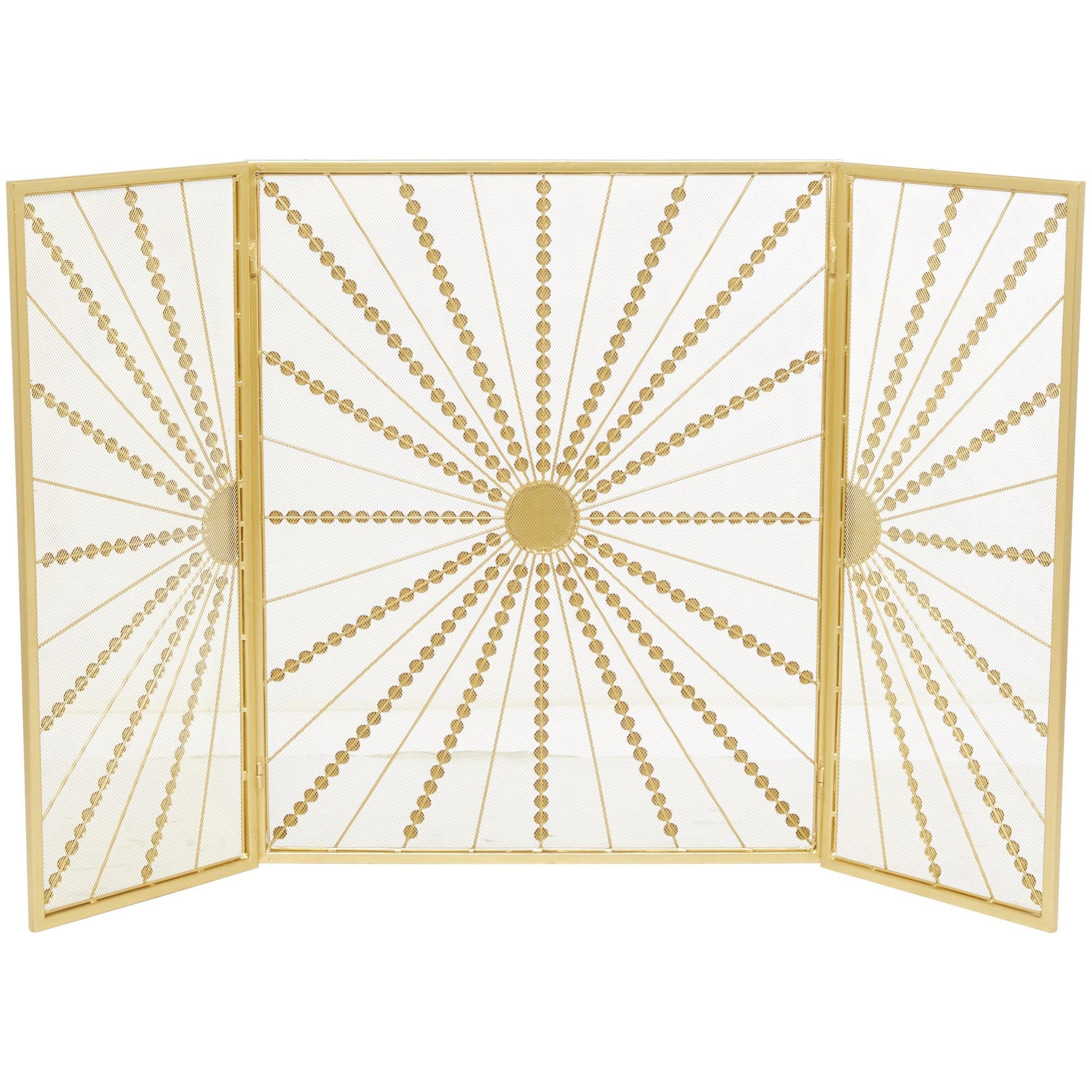 Starburst Gold Metal 3 Panel Living Room Fireplace Screen with Beaded Rays