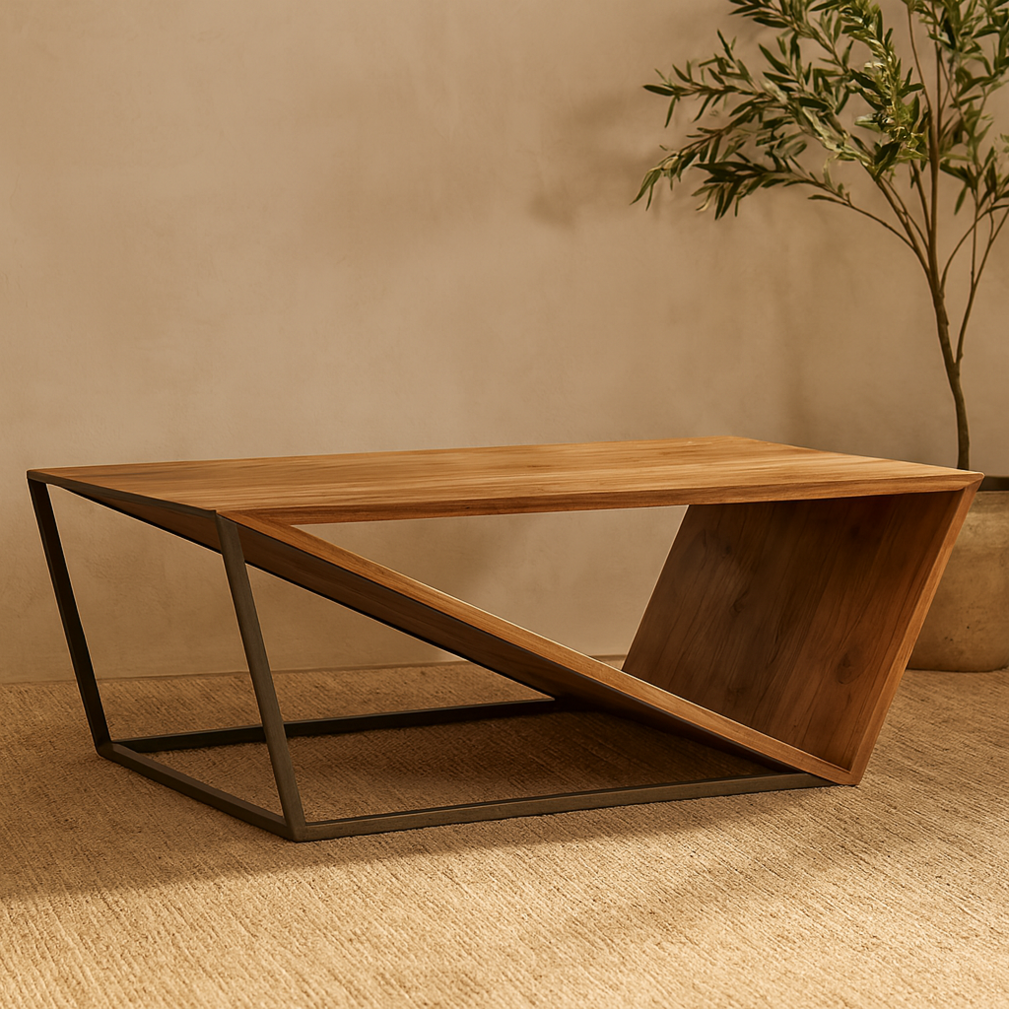 Geometric Brown Wood Diagonal Open Frame Living Room Coffee Table with Gray Metal Base