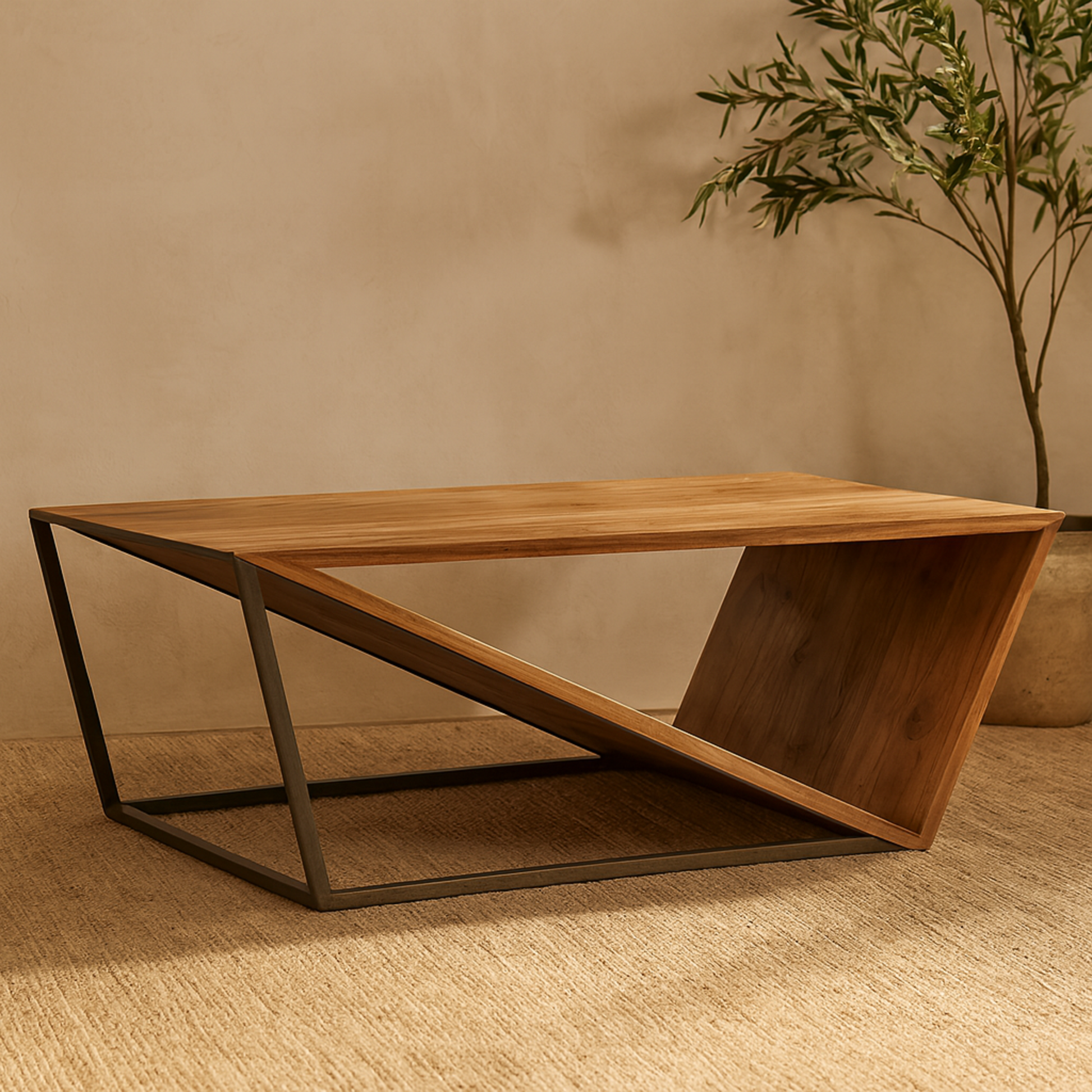 Geometric Brown Wood Diagonal Open Frame Living Room Coffee Table with Gray Metal Base