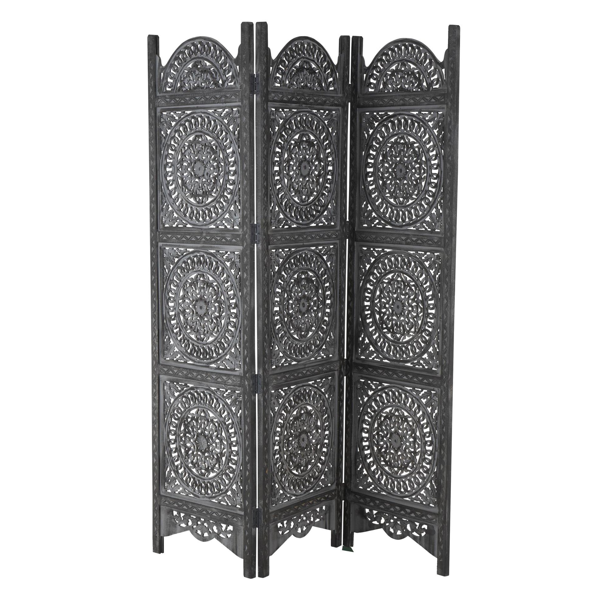 Floral Black Wood Handmade Foldable Partition 3 Panel Partition Room Divider Screen with Carved Designs