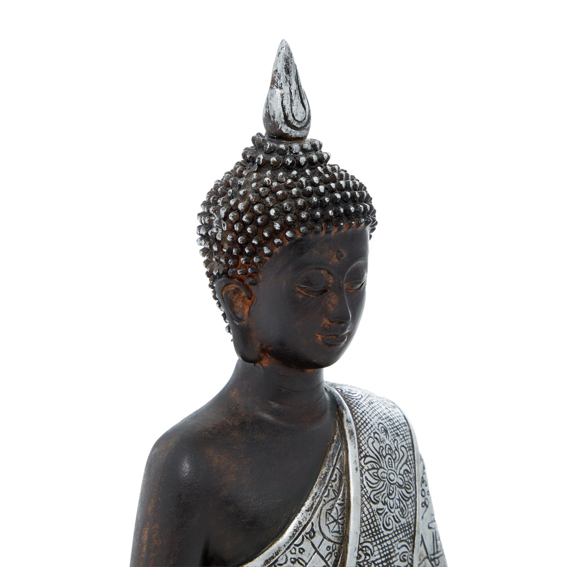 Buddha Silver Polystone Meditating Decorative Sculpture with Engraved Carvings and Relief Detailing