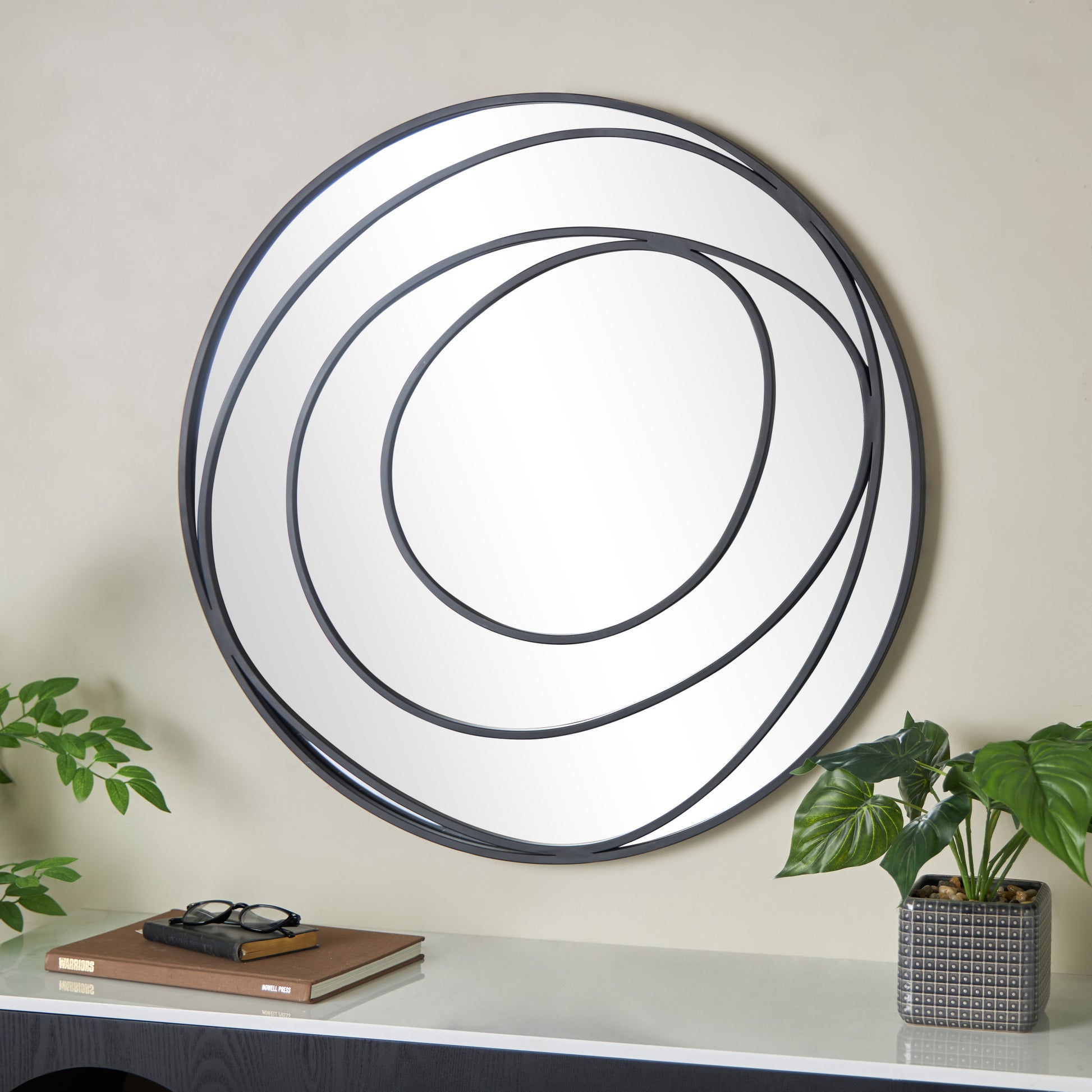 Abstract Black Metal Room Wall Mirror with Overlapping Circles