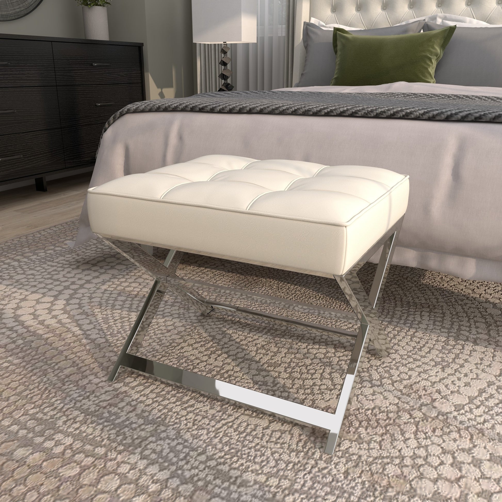 White Leather Living Room Stool with Stainless Steel Supports