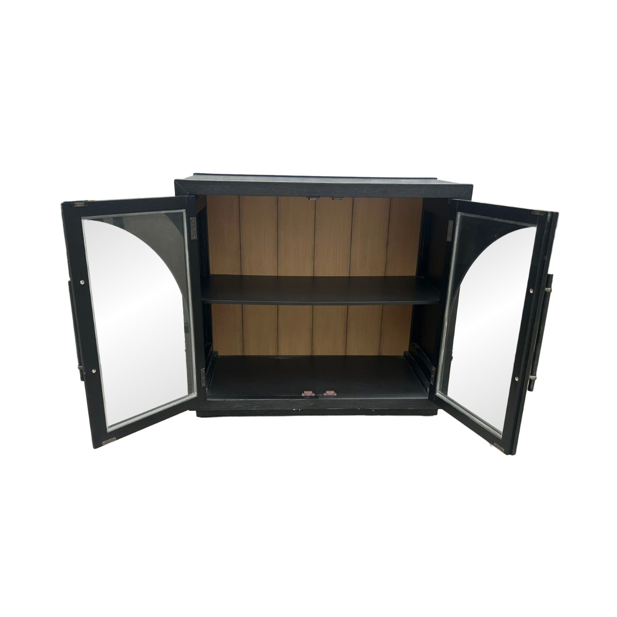 Black Wooden Arched Glass Front 2 Door Room Cabinet with Slatted Brown Interior and Extended Bar Handles