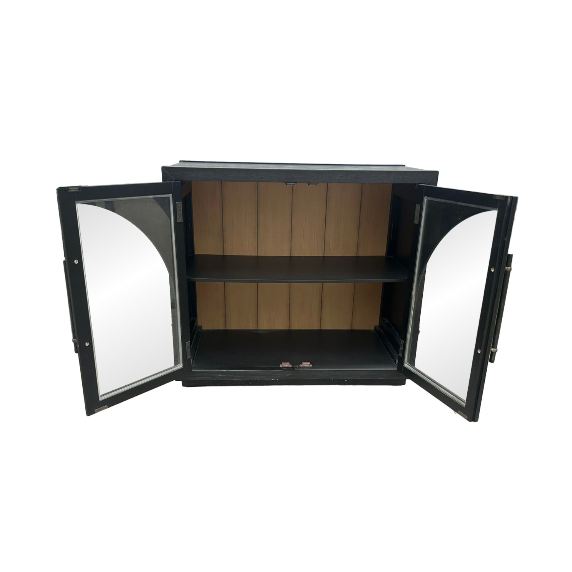 Black Wooden Arched Glass Front 2 Door Room Cabinet with Slatted Brown Interior and Extended Bar Handles