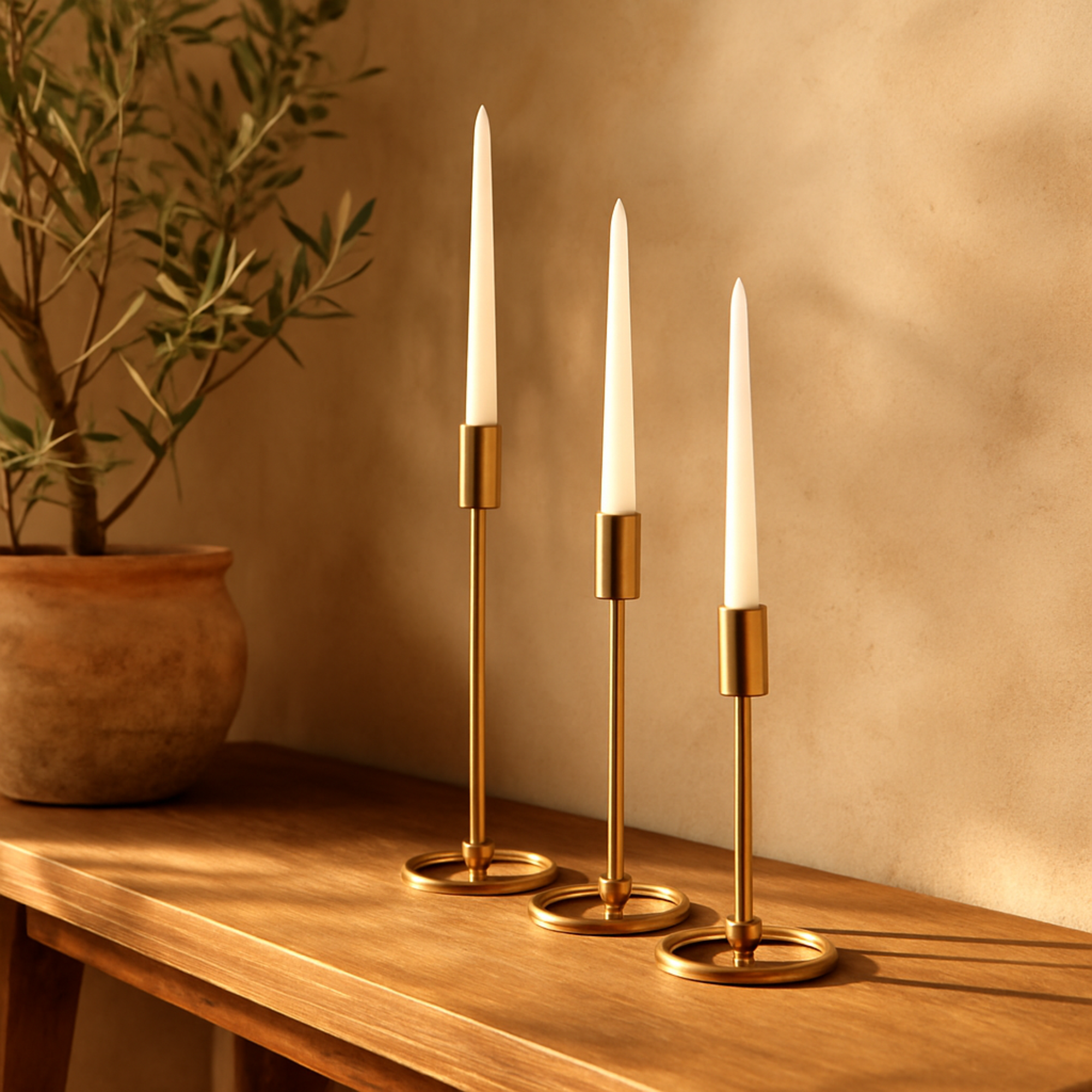 Set of 3 Gold Aluminum Metal Tapered Decorative Candle Holder with Ring Bases