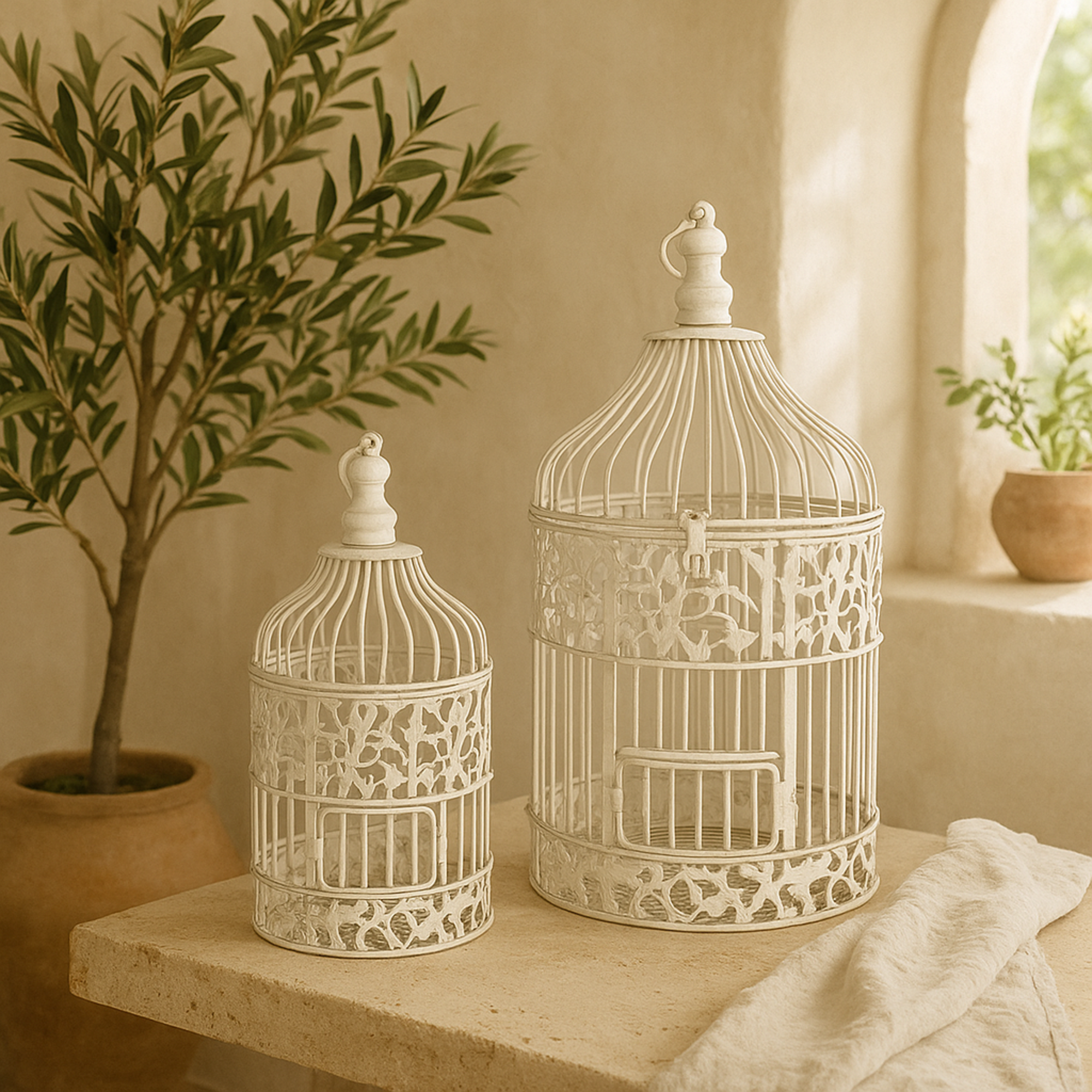 Set of 2 White Metal Indoor Outdoor Hinged Top Decorative Birdcage with Latch Lock Closure and Hanging Hook