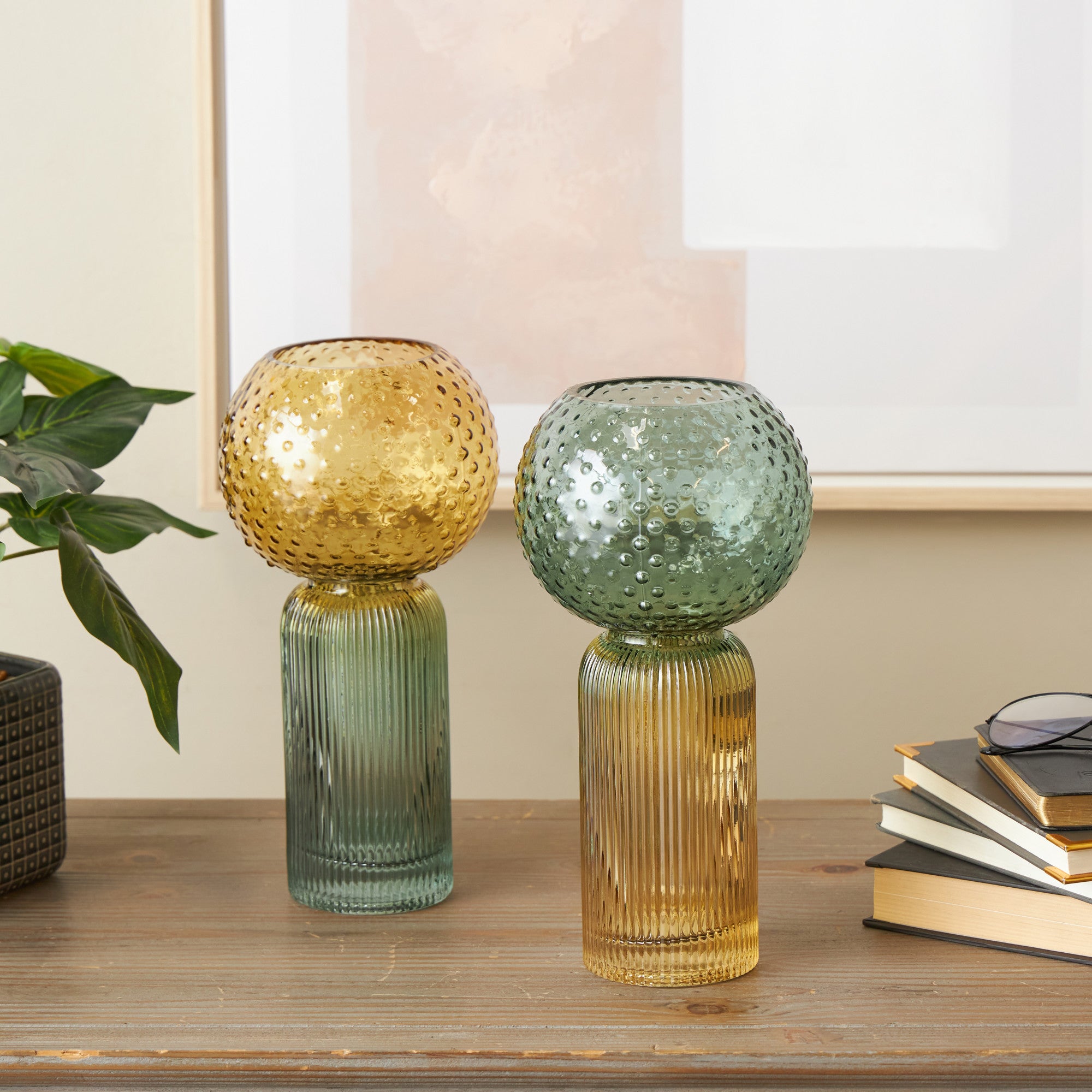 Set of 2 Geometric Multi Colored Glass Ribbed Ombre Decorative Vase