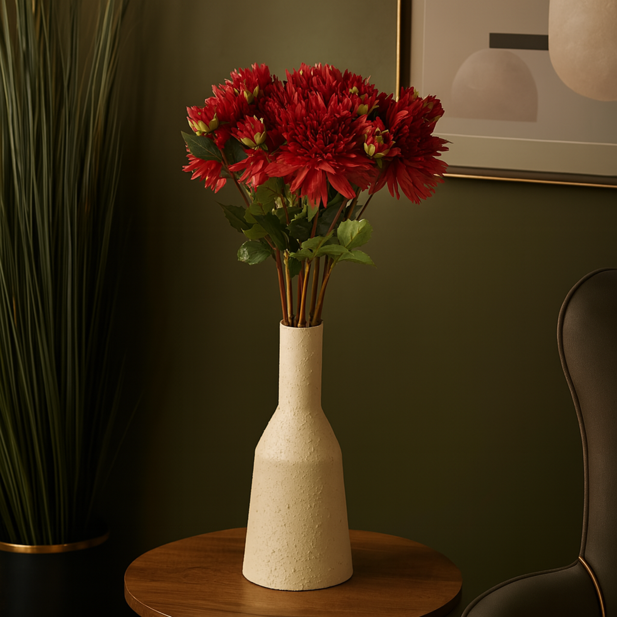 Set of 8 Dahlia Red Plastic Tall Indoor Outdoor Artificial Flower Stem