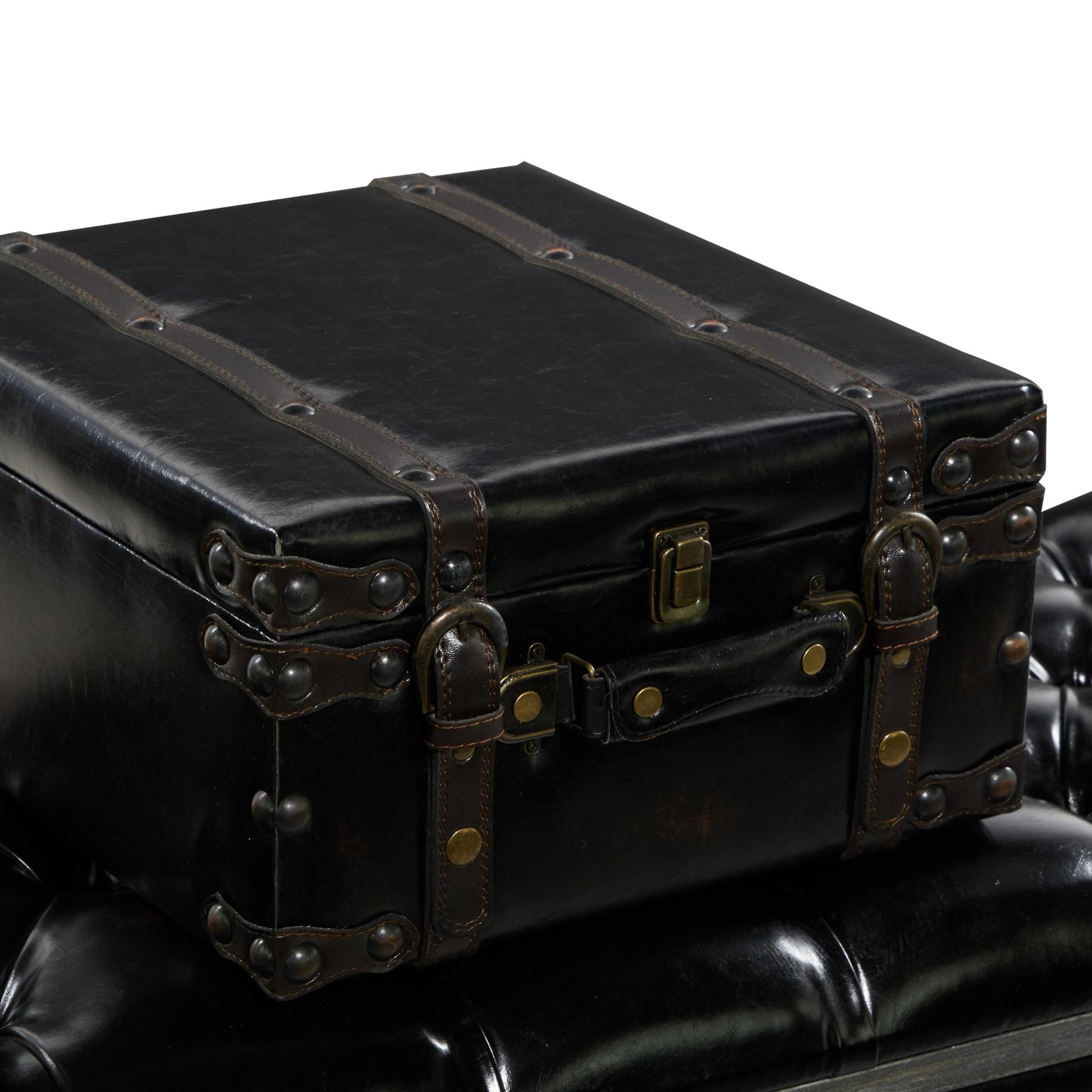 Black Faux Leather Tufted Upholstered 3 Trunk Room Storage Bench with Wheels