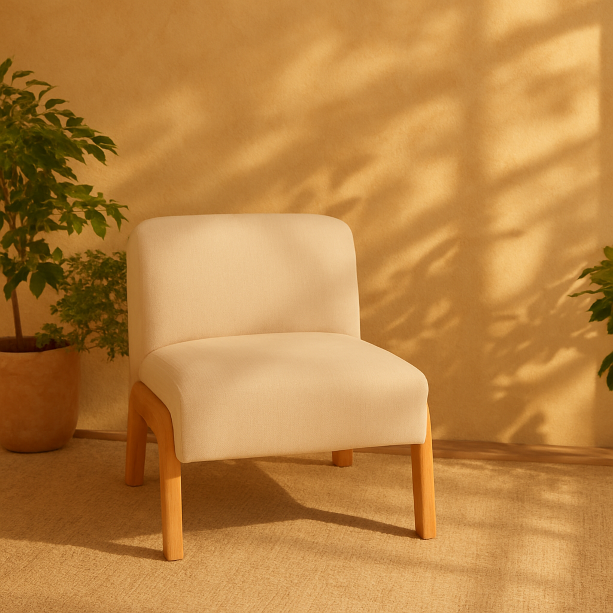 Beige Polyester Square Boucle Living Room Accent Chair with Brown Wooden Legs