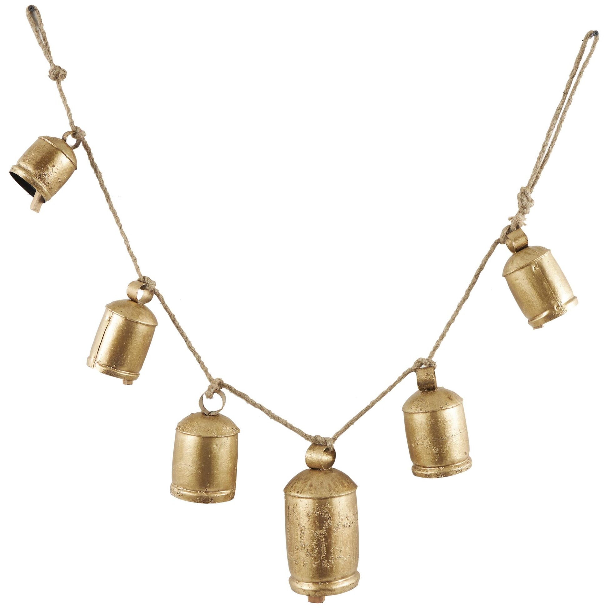Gold Metal Tibetan Inspired String Hanging Indoor Outdoor Decorative Cow Bells with 6 Bells on Jute Hanging Rope
