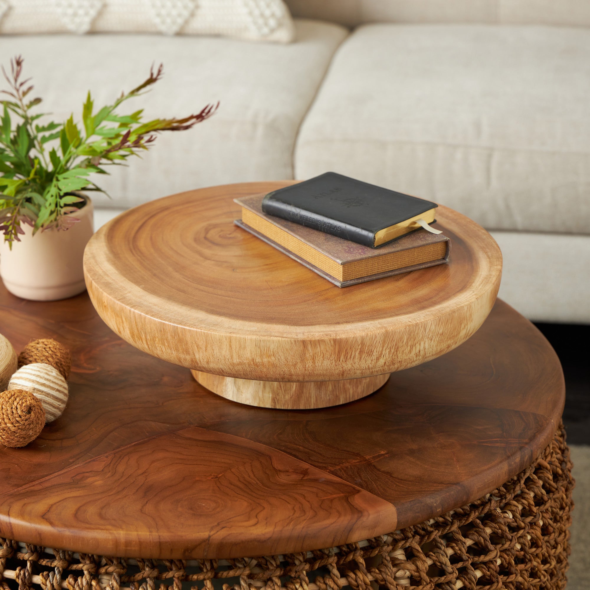 Brown Teak Wood Handmade Large Decorative Bowl with Elevated Base