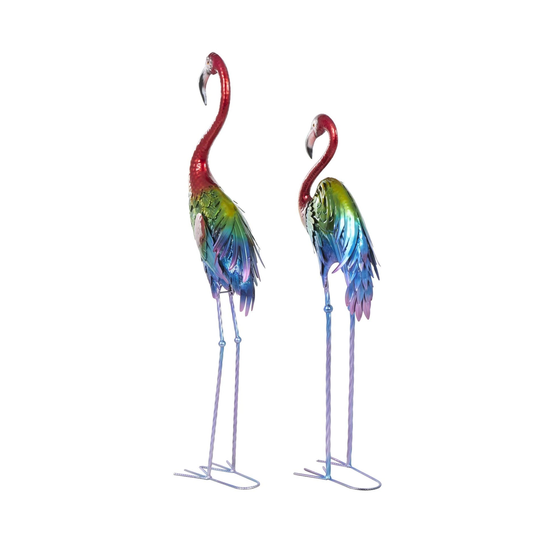 Set of 2 Flamingo Multi Colored Metal Tall Textured Rainbow Decorative Garden Sculpture
