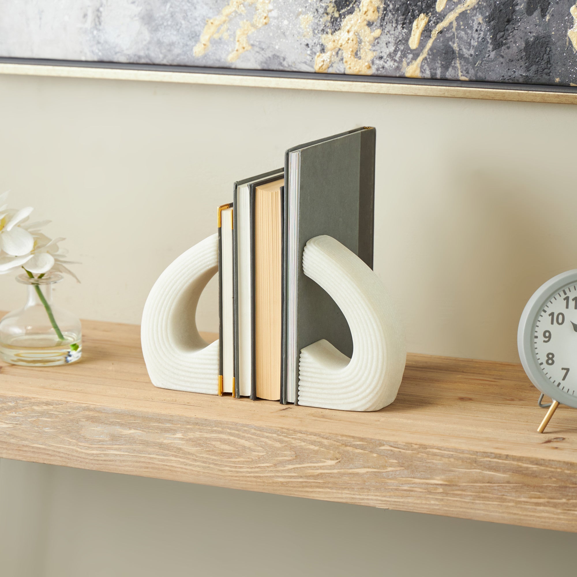 Set of 2 Geometric White Polystone Heart Inspired Decorative Bookends with Shimmer Details