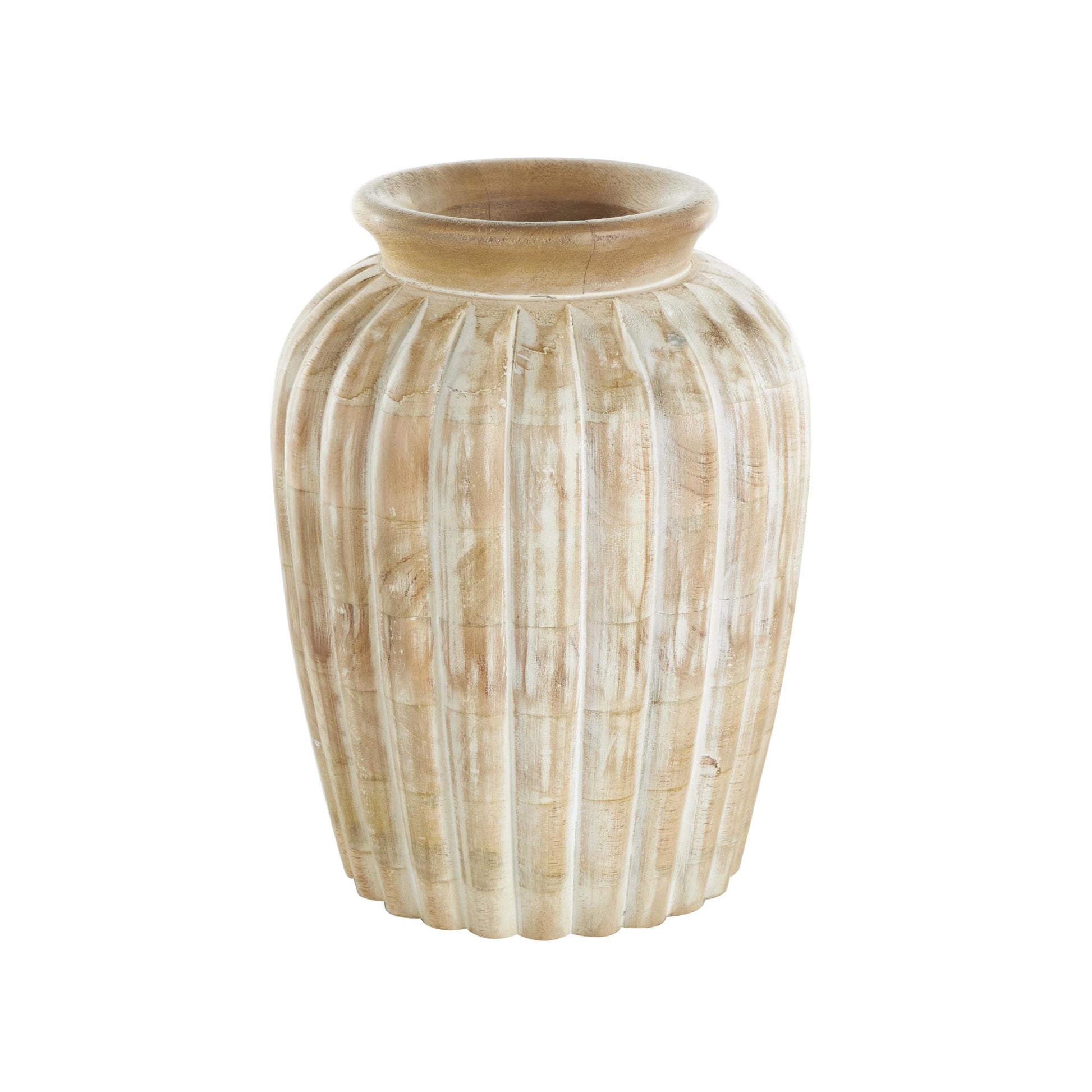 Light Brown Mango Wood Distressed Decorative Vase with Carved Ridges