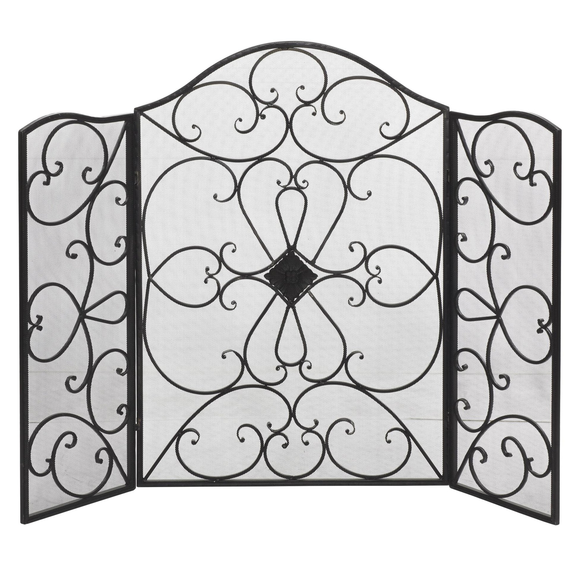 Scroll Black Metal Foldable 3 Panel Living Room Fireplace Screen with Mesh Netting