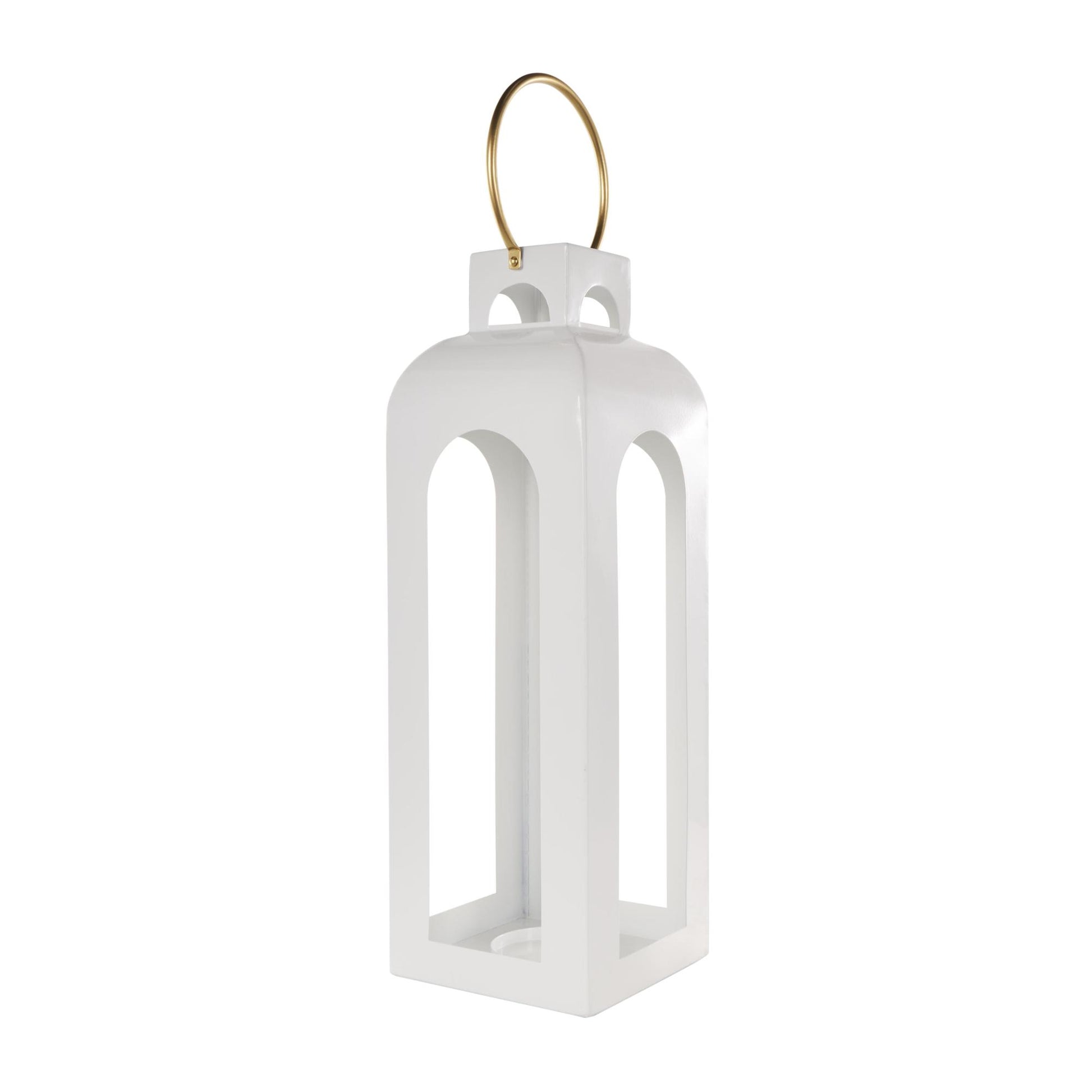 White Metal Tall Arched Cutout Indoor Outdoor Candle Lantern with Gold Handle
