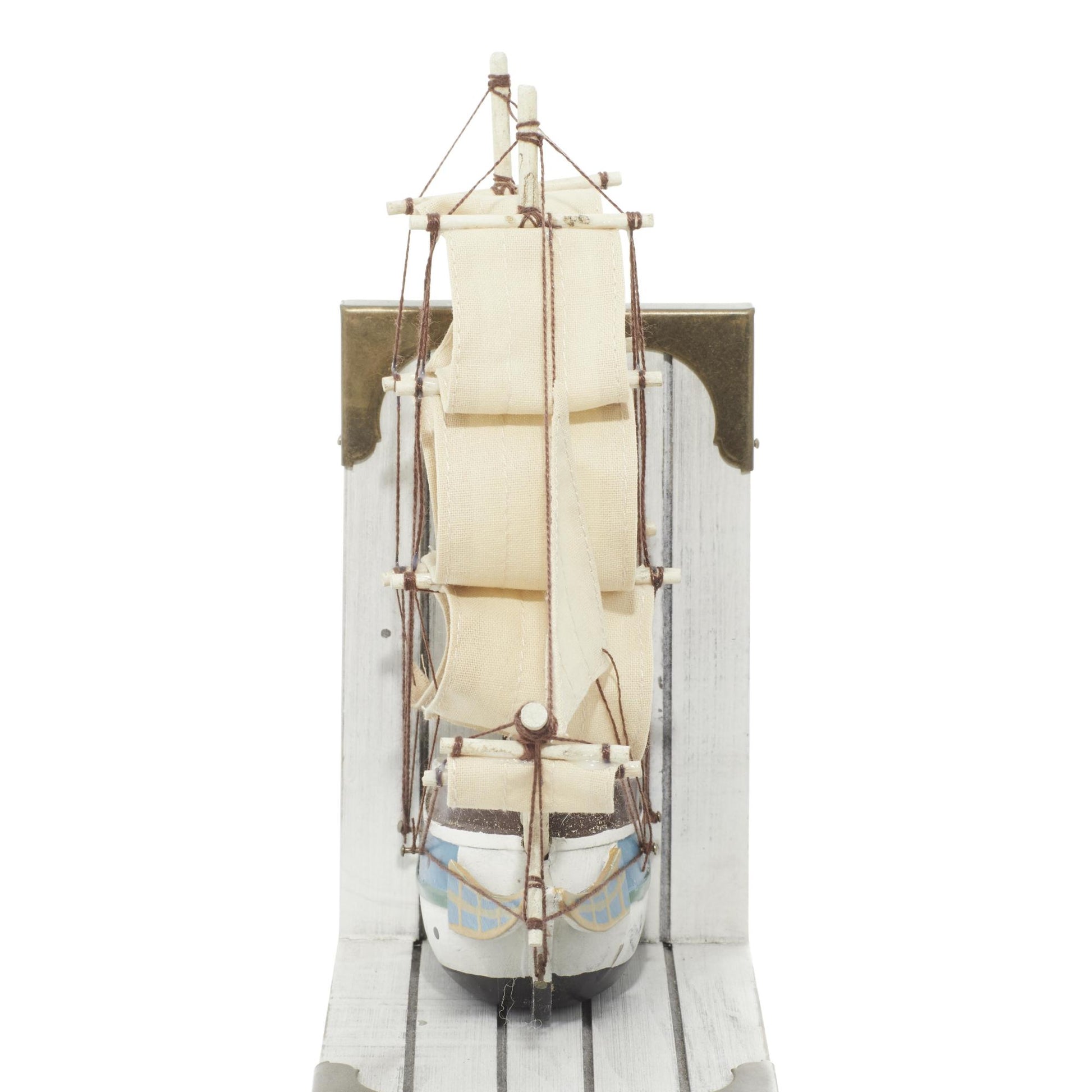 Set of 2 Sail Boat White Wood Decorative Bookends with Real Boat Rigging and Gold Corners