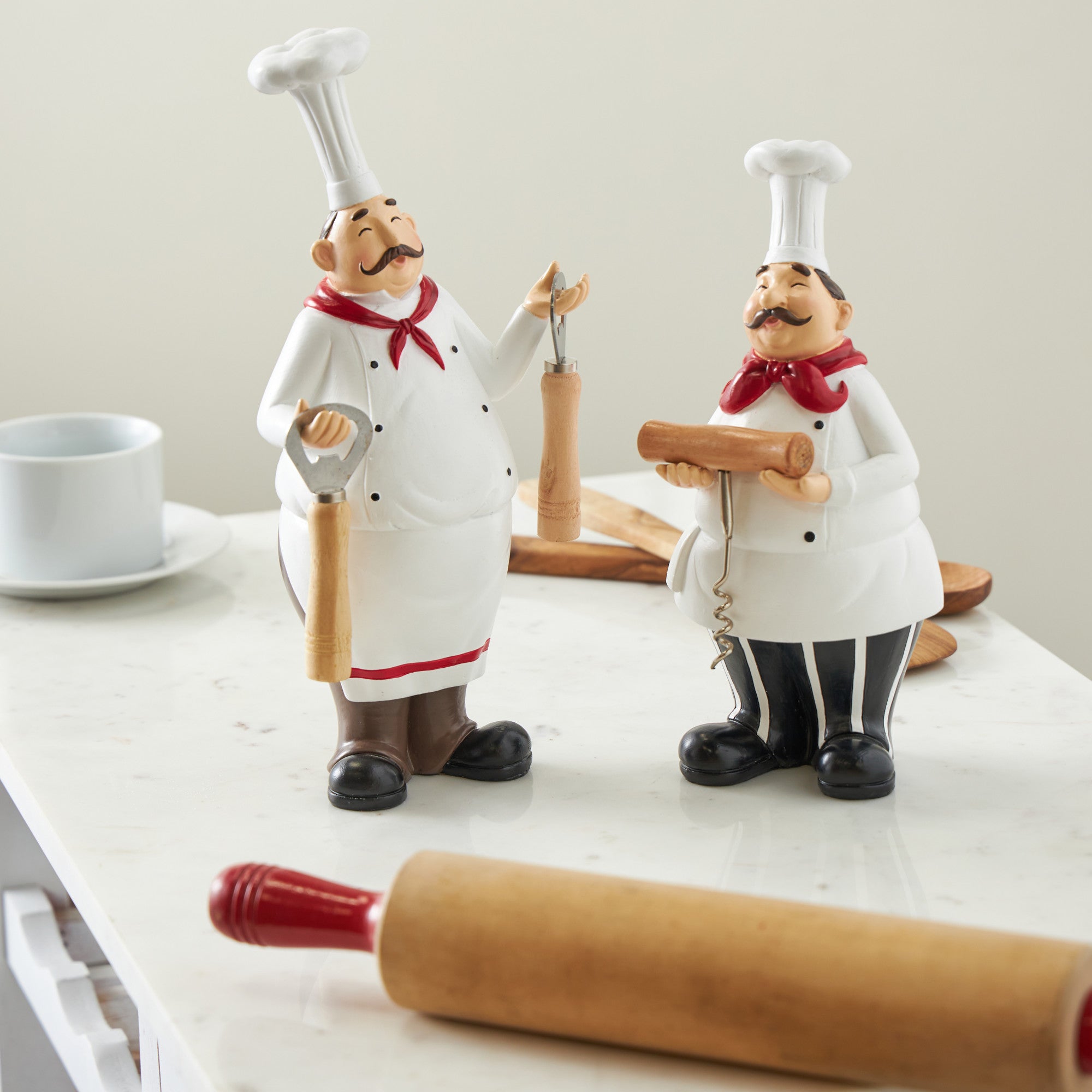Set of 2 Chef White Polystone Kitchen Bottle Opener Holder Decorative Sculpture with Corkscrew