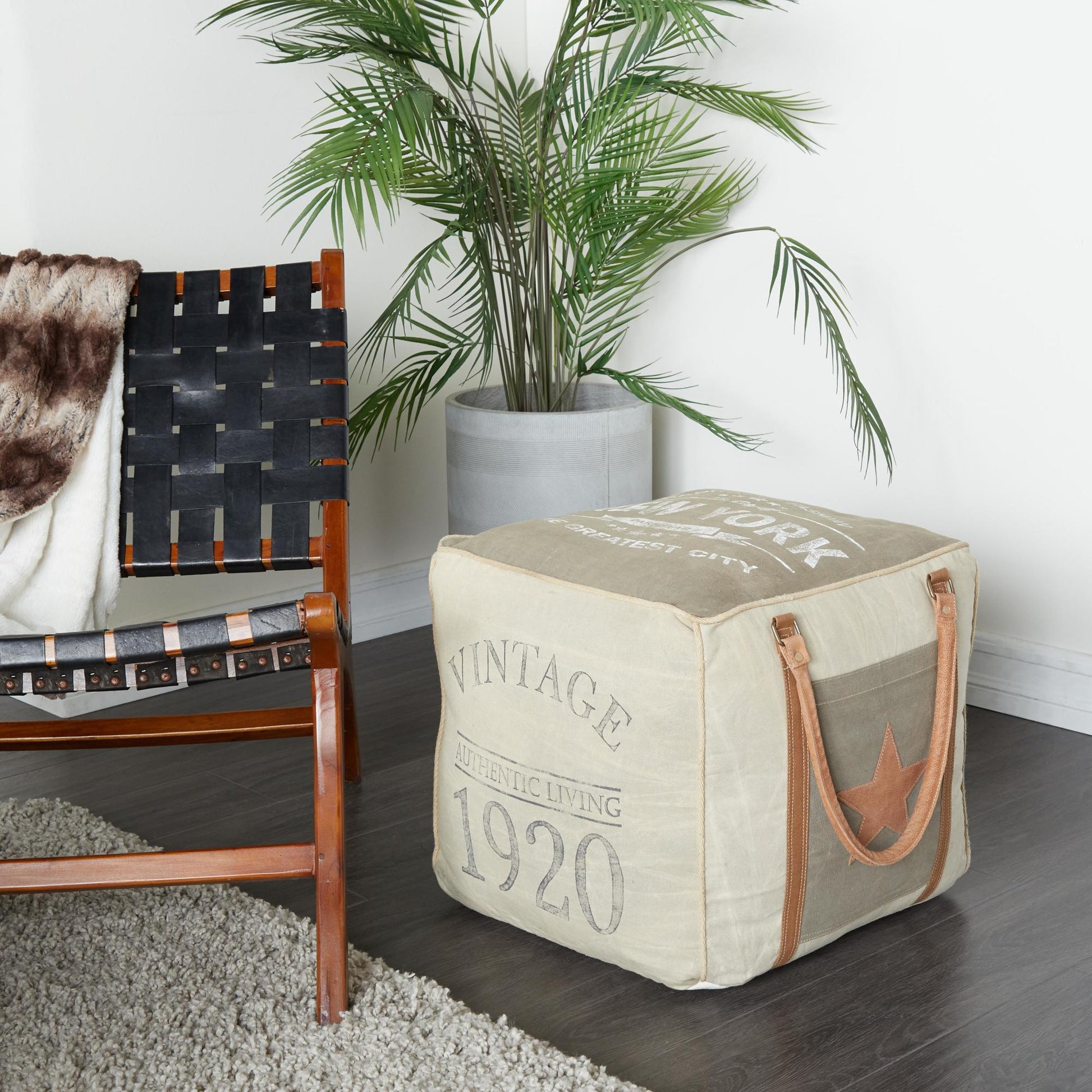 Star Canvas Stuffed Pouf with Leather Accents