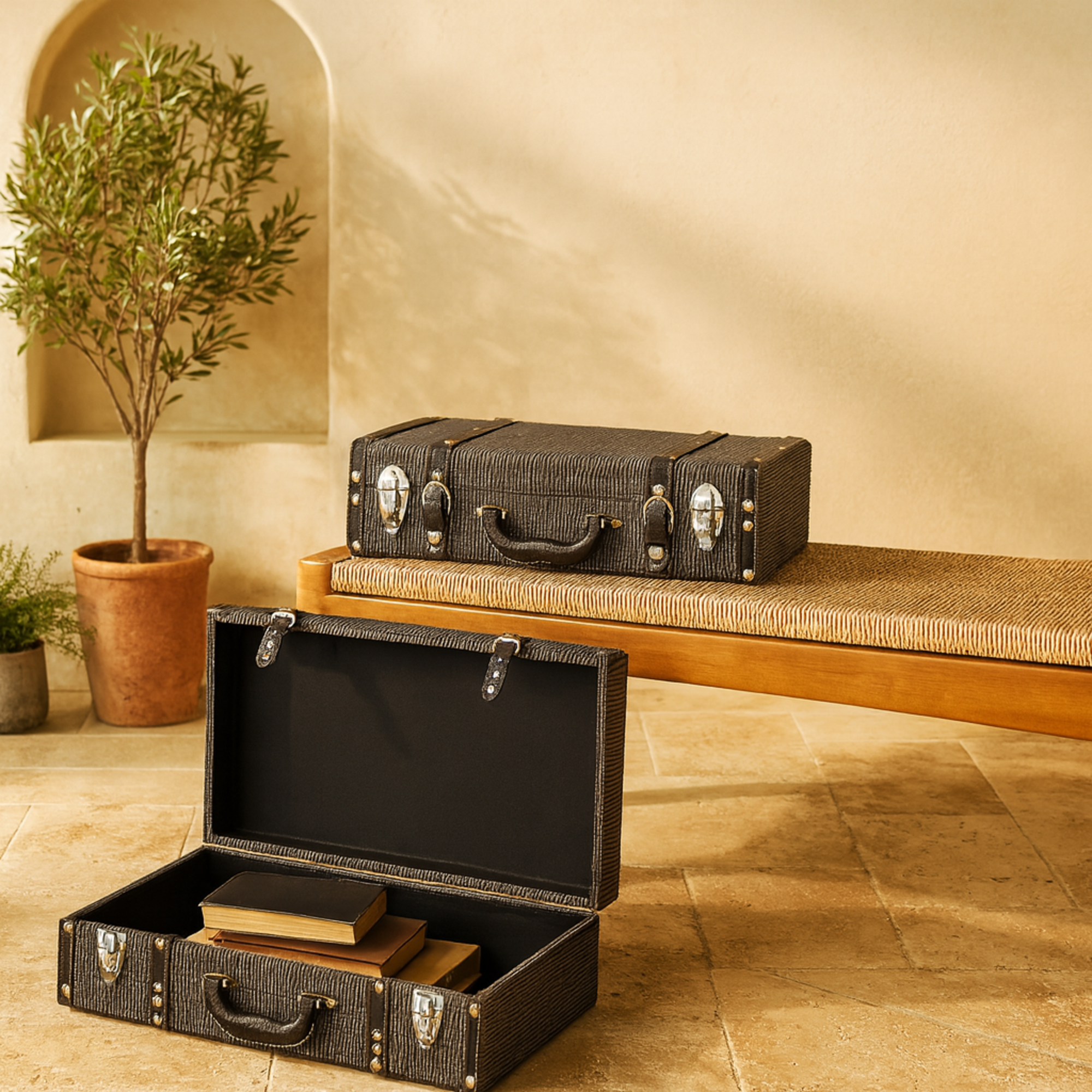 Set of 2 Black Fabric Woven Storage Decorative Trunk with Silver Latches and Buckles