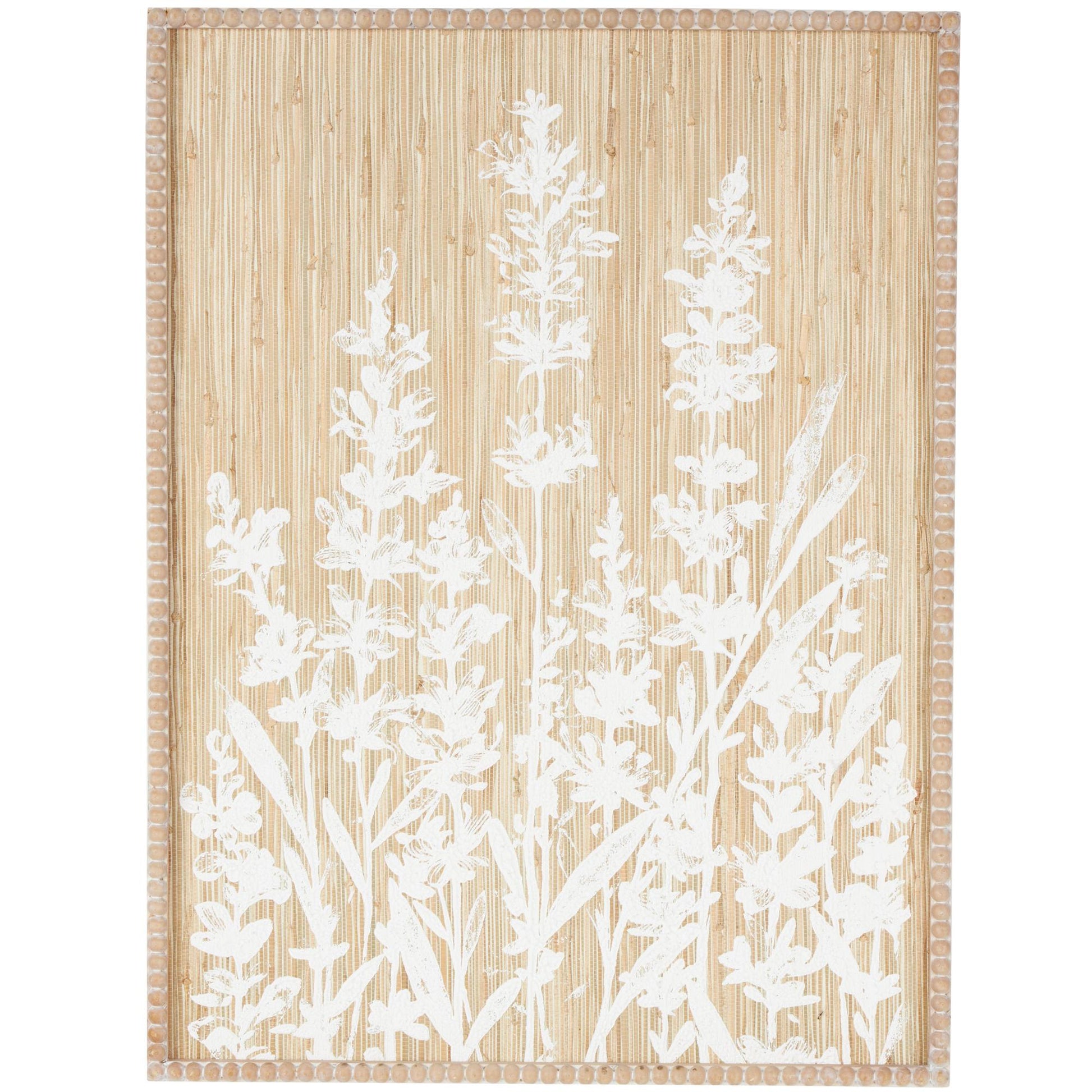 Floral Cream Wood Textured Living Room Framed Wall Art with White Painted Accents and Beaded Frame